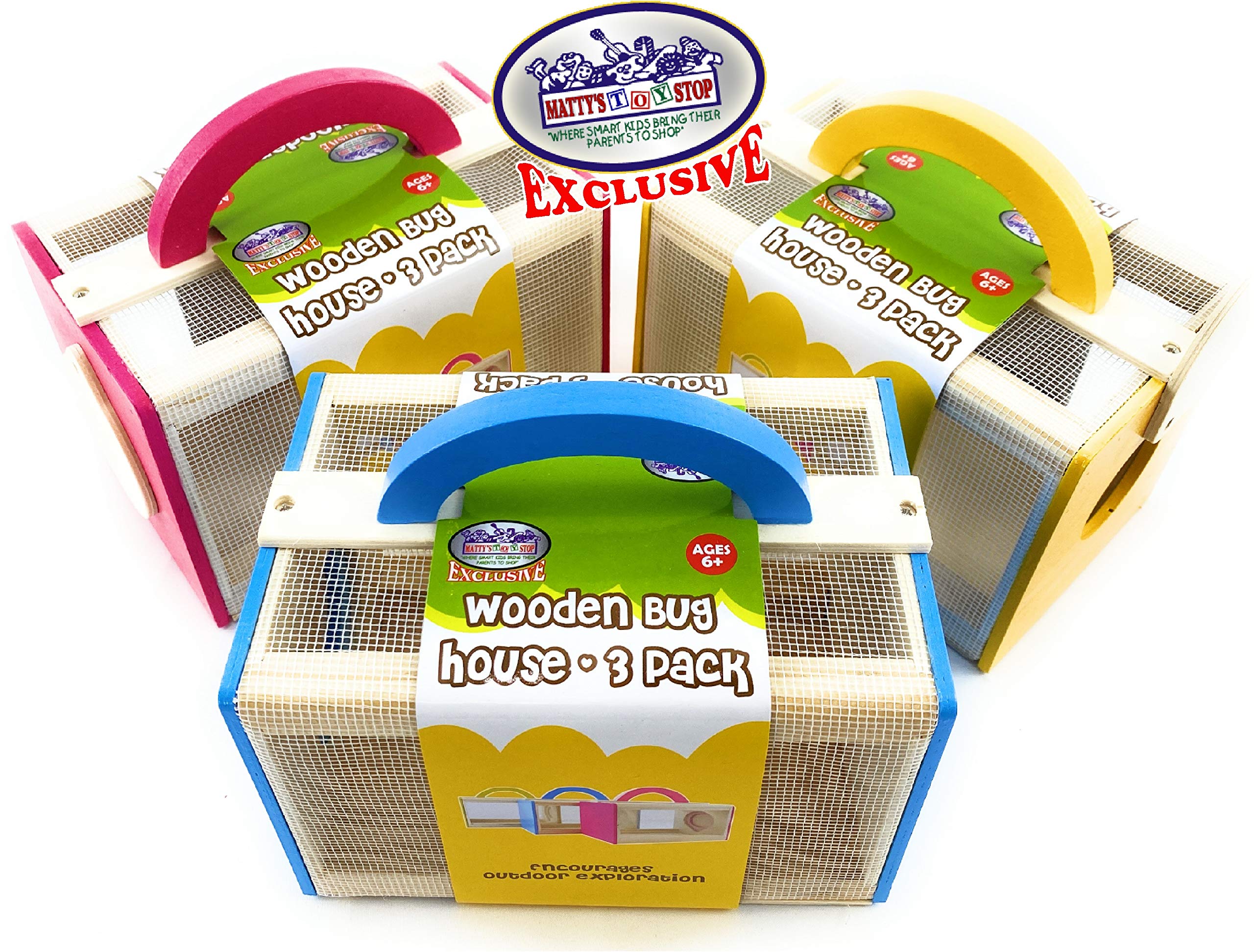Matty's Toy Stop Wooden Bug House Insect Critter Cages with Handles in Blue, Red & Yellow (3 Pack) - Image 8