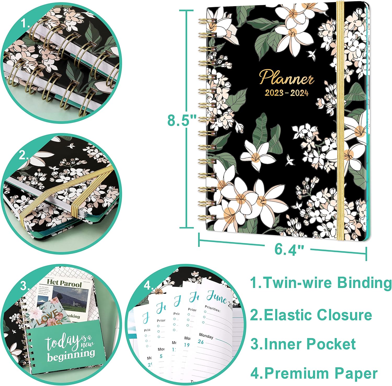 2023-2024 Planner – Jul.2023 - Jun.2024, 2023-2024 Academic Planner Weekly and Monthly, 6.4" x 8.5", Tabs, Back Pocket, Strong Twin - Wire Binding, Hardcover, Thick Paper, Inspirational Quotes, Notes : Office Products