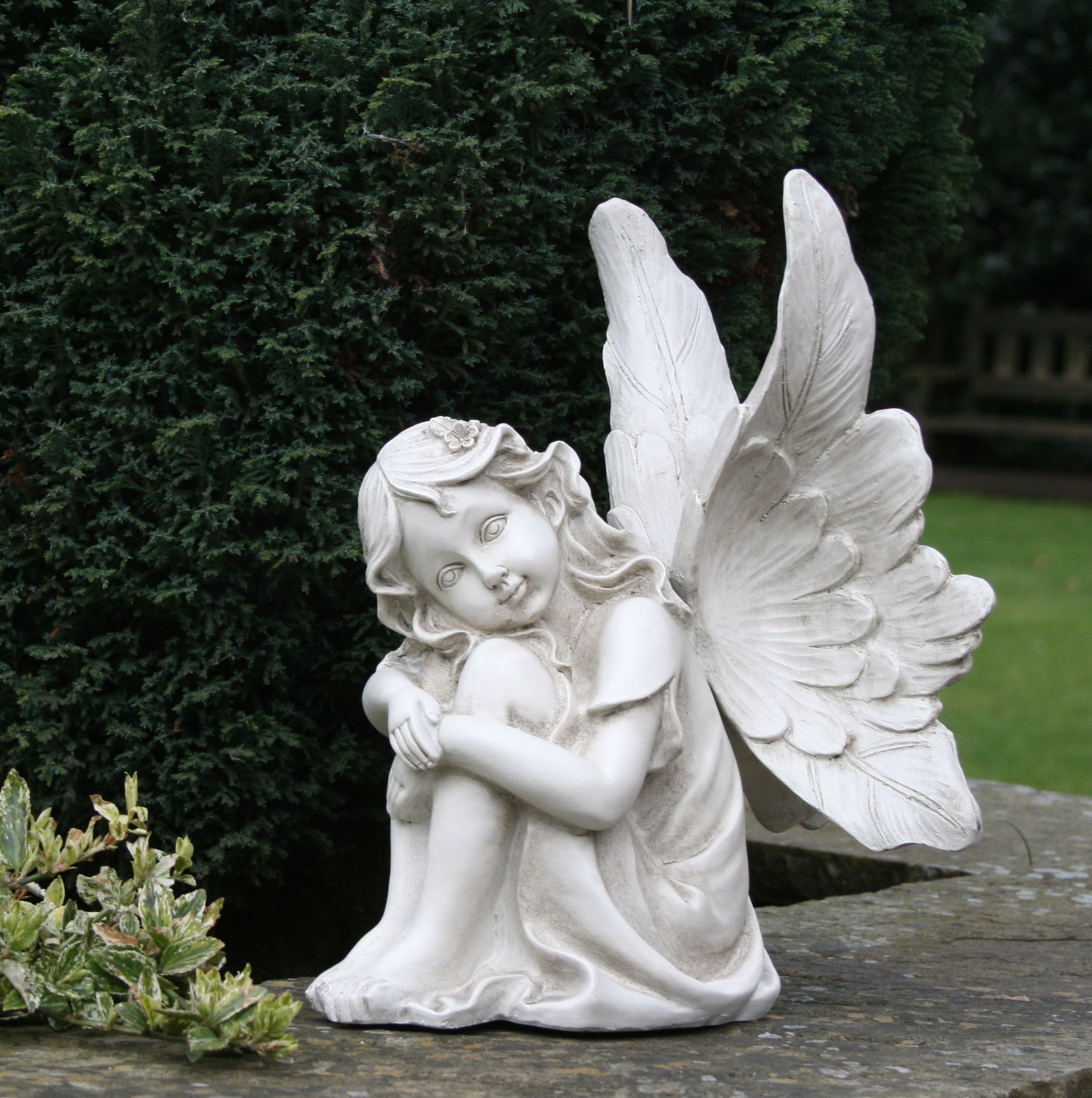 Sitting Fairy with Head Resting on her Knees 26cm Angel Garden Ornament Statue Sculpture Memorial Stone Effect