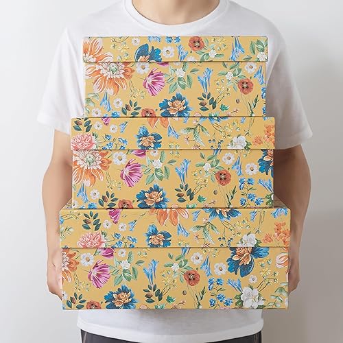 Miniatura 3 de Soul & Lane Cajas de almacenamiento decorativas con tapas con bisagras, Golden Bloom - Juego de 3 cajas de recuerdo floral con tapas, almacenamiento