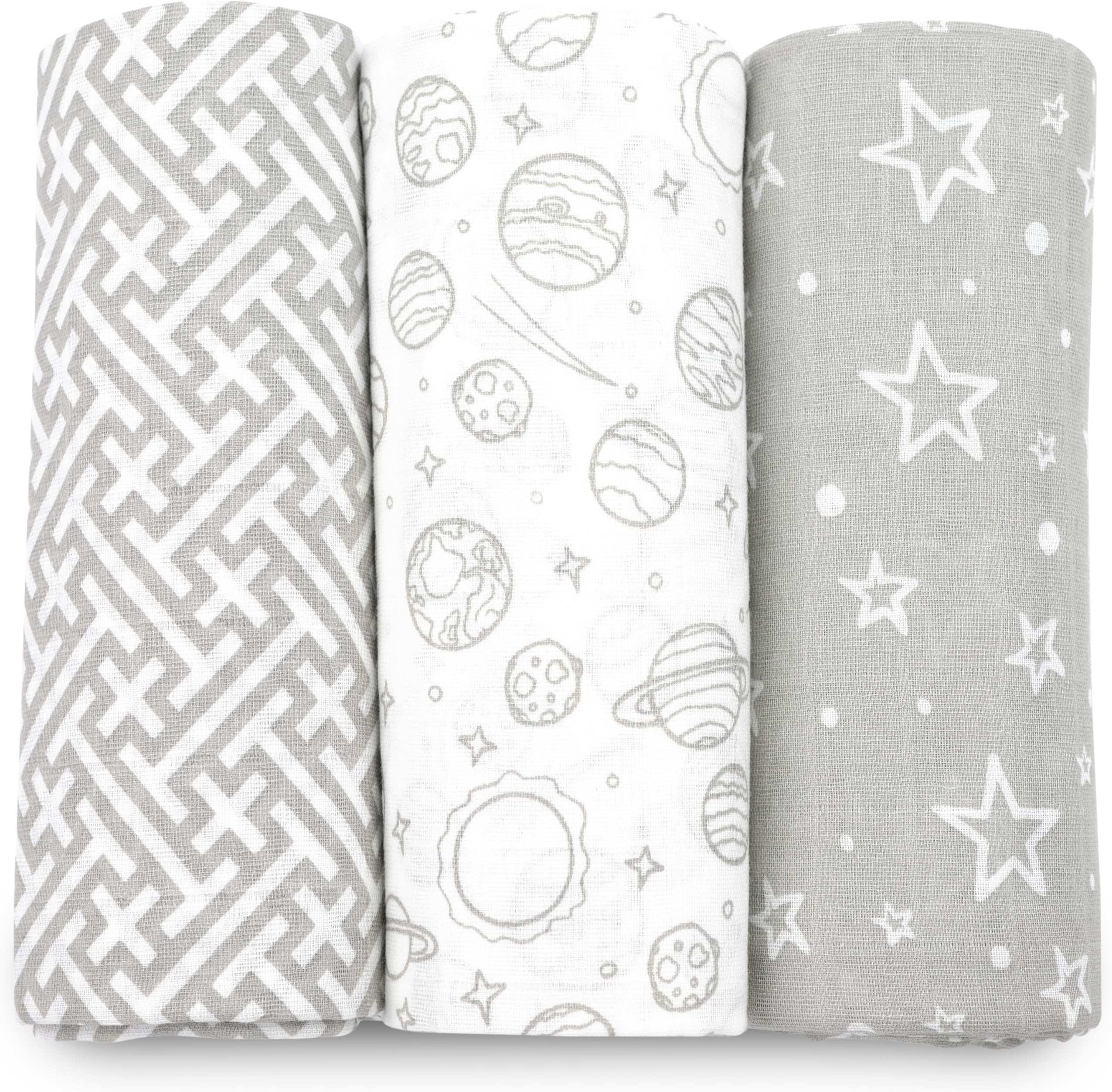 Muslin Swaddle Blankets, Swaddle Blanket for Baby Boys and Girls, 3-Pack Breathable Premium 100% Cotton Baby Receiving Blankets, Exta Large Size 47x47 Inches, Grey