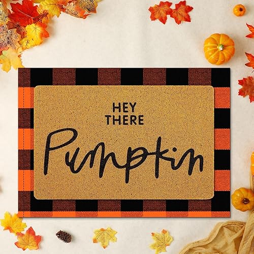 Miniatura 2 de Fabbay 2 tapetes de bienvenida de otoño, alfombra de lana cuadriculada en capas, tapete de fibra de coco de Halloween, tapete de calabaza para