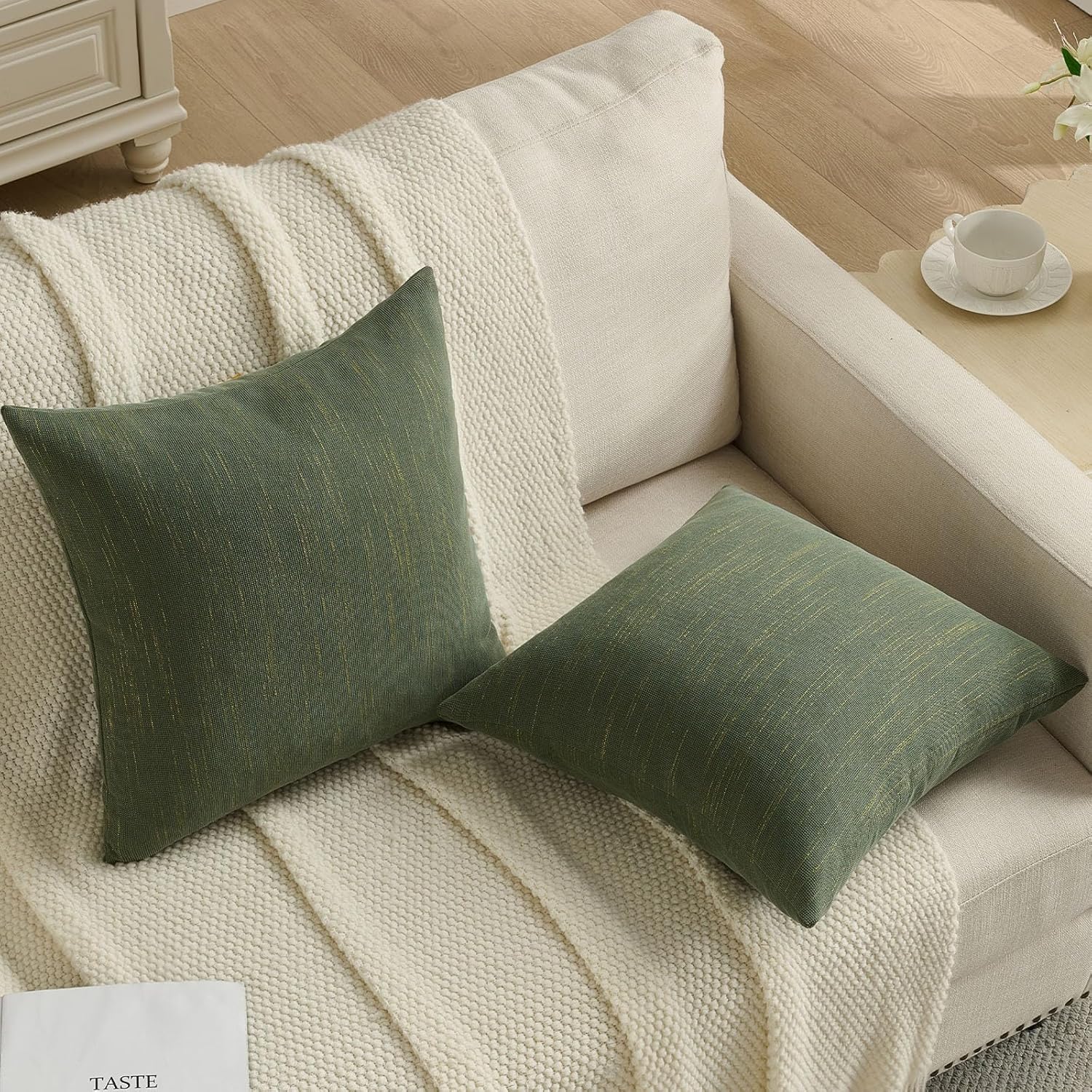 FUTEI Pack of 2 Solid Chenille Throw Pillow Covers 24x24 Inch Soft Meteor Dotting Textured Decorative European Cushion Cases Modern Farmhouse Accent for Couch Living Room, Moss Green