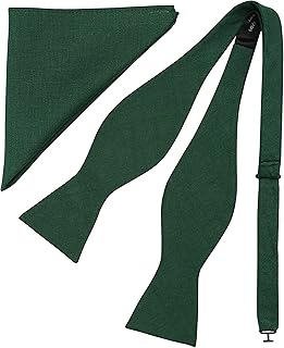 BELLUNO Solid Bow Tie and Pocket Square for Men Tuexdo, Self-Tied Cotton Linen Bow