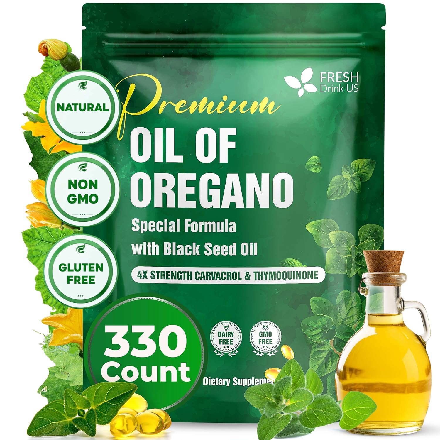 FreshDrinkUS, Premium Oregano Oil Softgels | 330 Count | Blend of 300mg Oregano Oil (Origanum minutiflorum) + 200mg Black Seed (Nigella sativa) – Plant-Based Source of Natural Antioxidants.