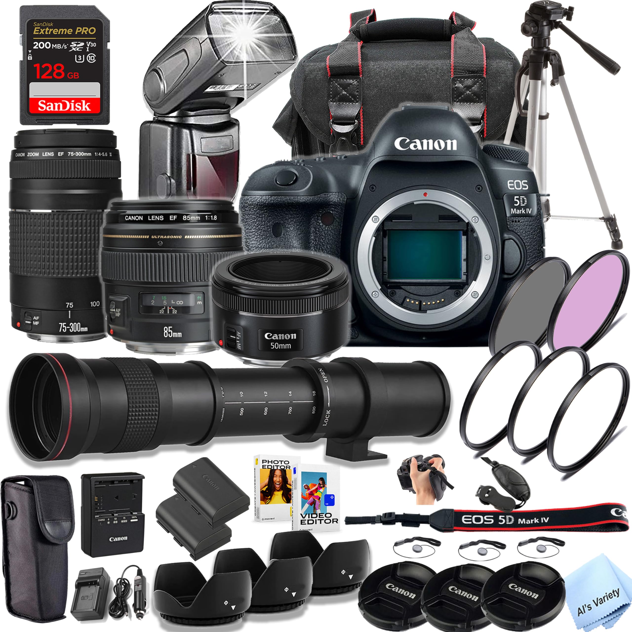 Canon EOS 5D Mark IV DSLR Camera with 85mm & 75-300mm + 50mm Lenses+ 420-800mm Preset Telephoto Lens + TTL Speed Light Flash + 128GB Memory, Filters, Case, Tripod + More (Pro Photo Bundle) (Renewed)