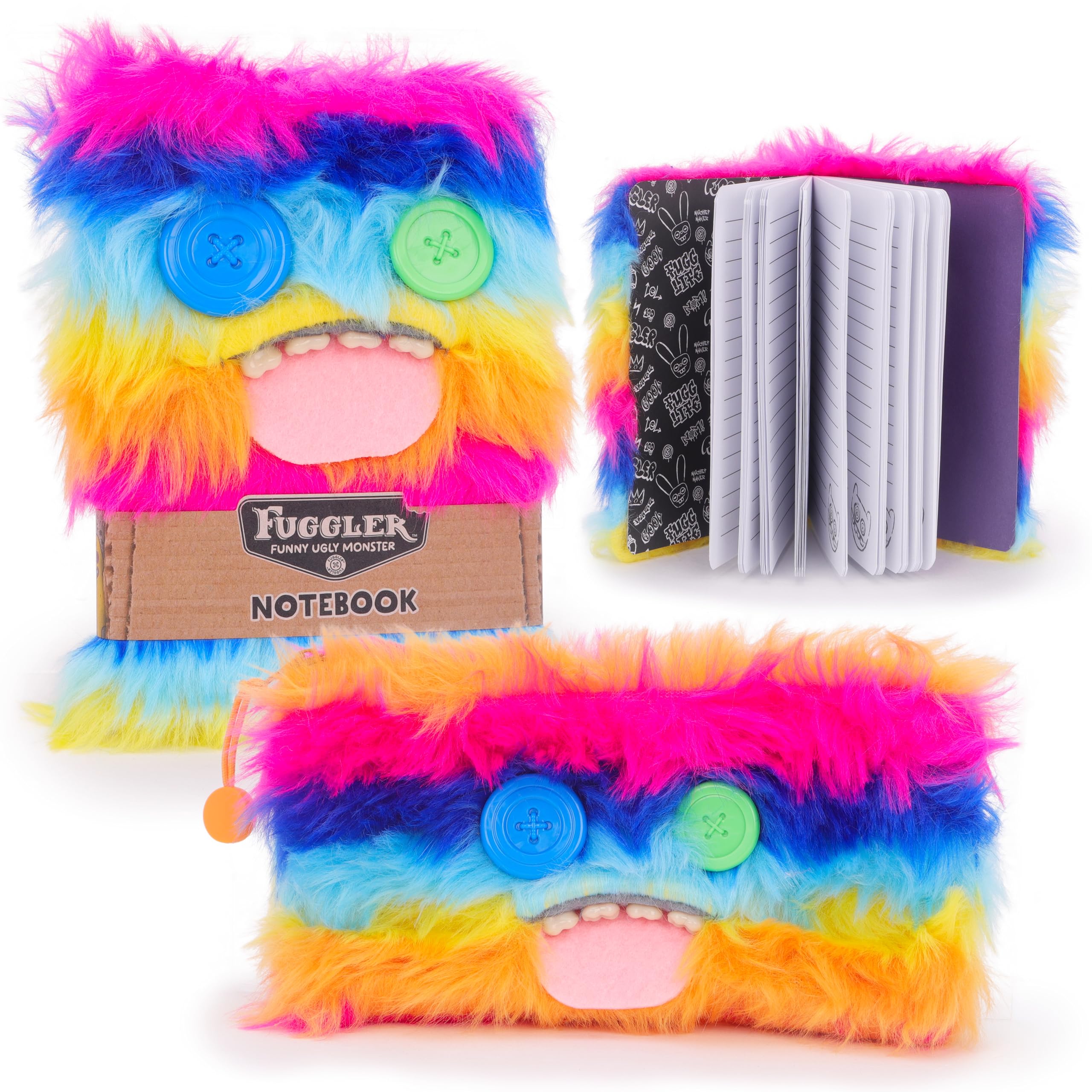 Toyland® Pack of 2 Funny Ugly Monster Stationery Set - A5 Furry Notebook & Pencil Case Set - Fun Rainbow with Button Eyes Design - Cute Desk Accessories for Kids & Teens - 3+ Years