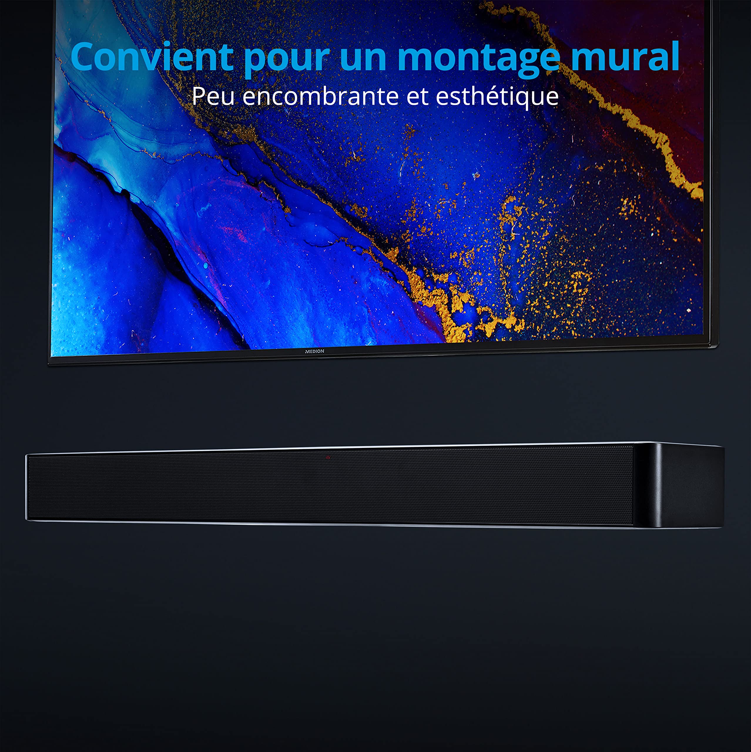 MEDION P61155 Barre de Son TV 2.0 avec Bluetooth (HDMI Arc, entrée Optique, 2 x 30 W RMS, contrôle Tactile, télécommande Incluse, kit de Montage Mural)