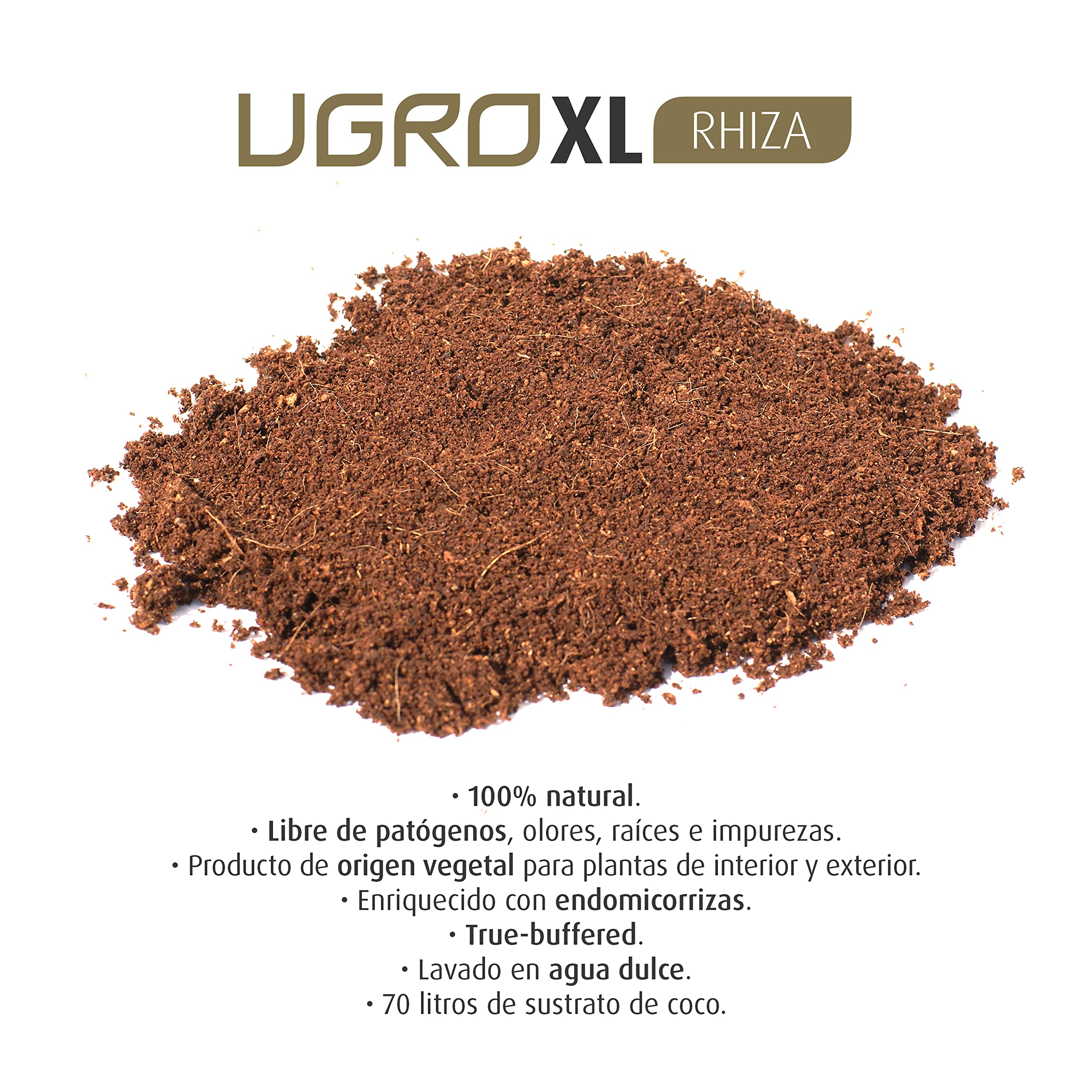 XL Rhiza - Sustrato de Coco de Alta Calidad Enriquecido con Endomicorrizas, Bloque Comprimido con bajo porcentaje de Fibra de Coco para Plantas y Huerto, 5 kg - 70 L (32x32x14 cm)