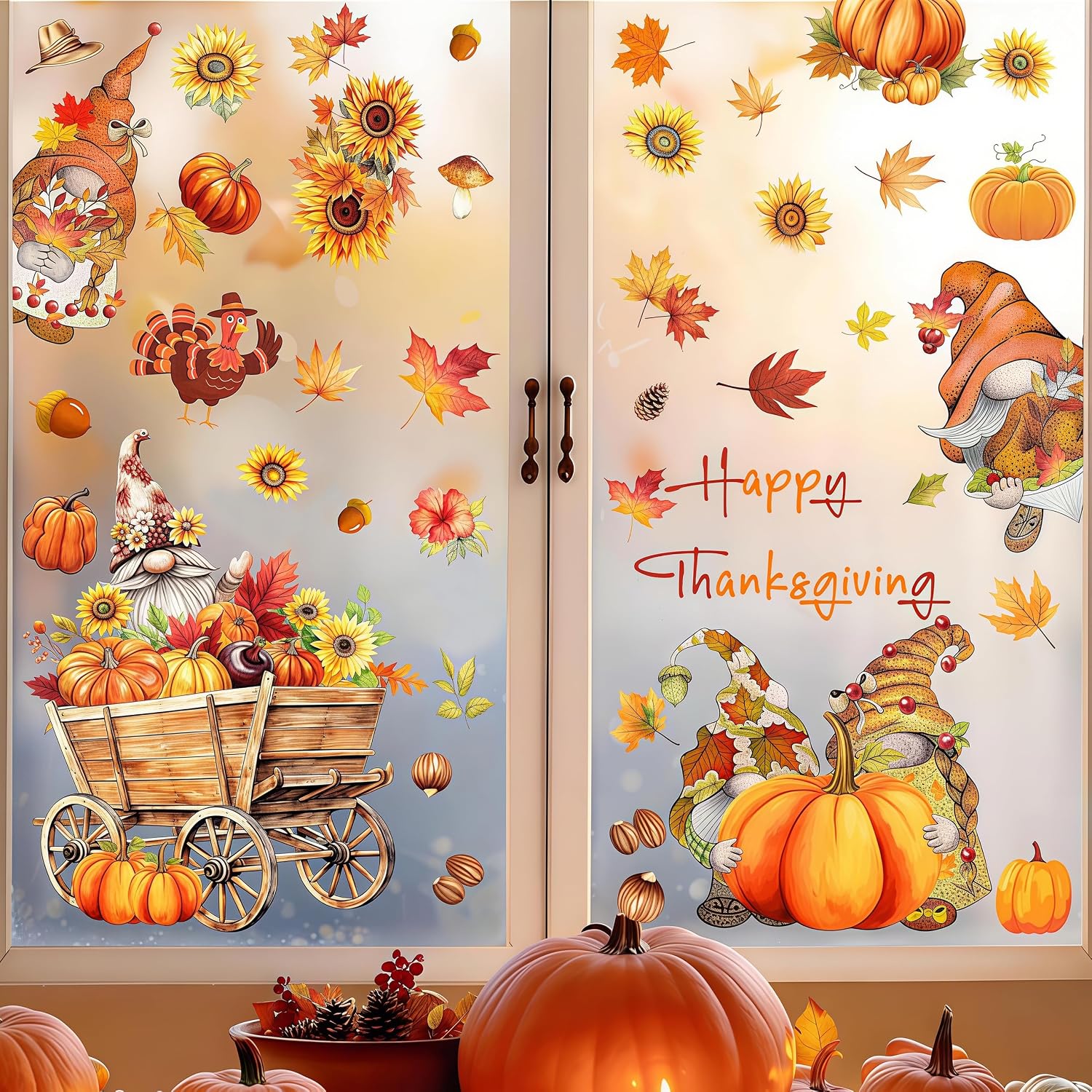 8 Sheets Fall Window Clings Autumn with Maple Leaf Pumpkin Pine Cone Stickers Cute Turkey Sunflower Double-Sided Stickers for Glass Windows Decals Home Office Thanksgiving Party Supplies Decorations