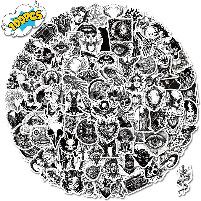 100pcs Funny Spooky Skull Gothic Sticker for Adults,Cool Waterproof Vinyl Horror Decals for Laptop, Water Bottle, Phone, Kindle, Journal, Scrapbook, Bumper, Skateboard, Luggage,No Repeats