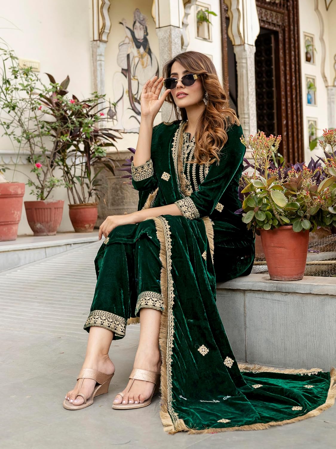 TRENDMALLS Women's Velvet Embroidery Sequence Work Salwar Suit Set Kurta Pant with Dupatta for Women