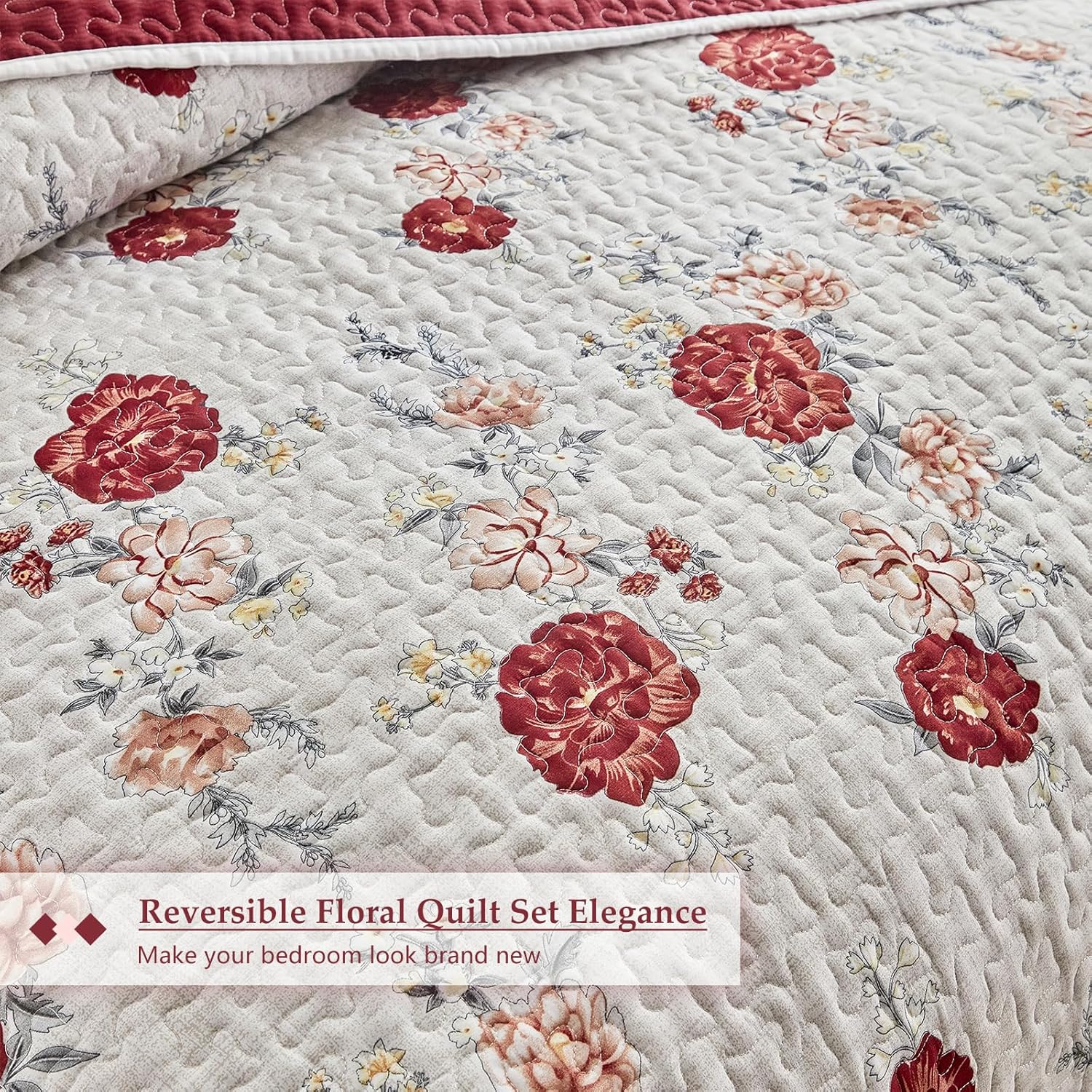 Floral Quilt Set 3 Pieces Queen Size White with Rose Botanical Spring Flower Quilt Bedding Set, Microfiber Lightweight Bedspread, Coverlet Set for All Seasons - Image 7
