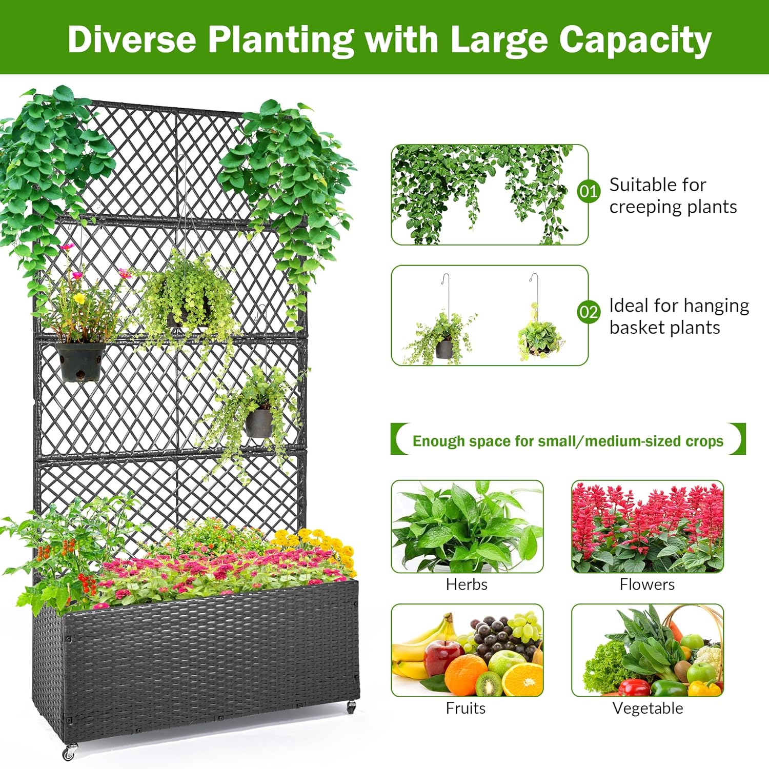 GENMOUS 72in/5.9ft Metal Raised Garden Bed with Trellis, Planter Box Trellis with Wheels for Vine Climbing Plants, Trellis with Drainage Holes for Flowers, Vegetables in Garden, Patio, Balcony （Black）