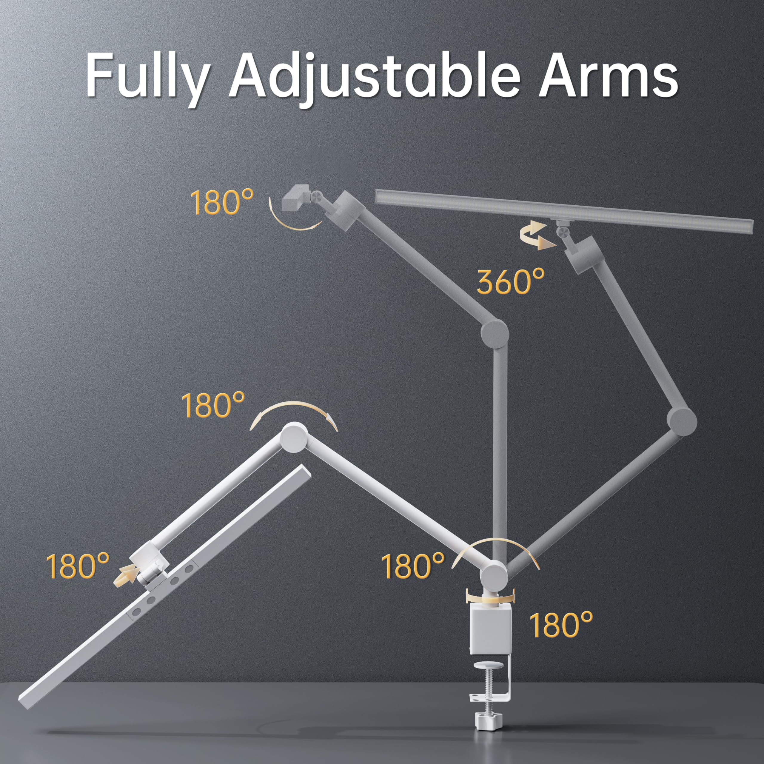 deeloop 2-Arms Swing Lange LED Schreibtischlampe mit Klemme, CRI 95+ Augenschonendes Licht, USB-Ladeausgang, 2-Stunden-Timer, dimmbare Schreibtischlampe mit Speicher, Architekten-Schreibtischlampen
