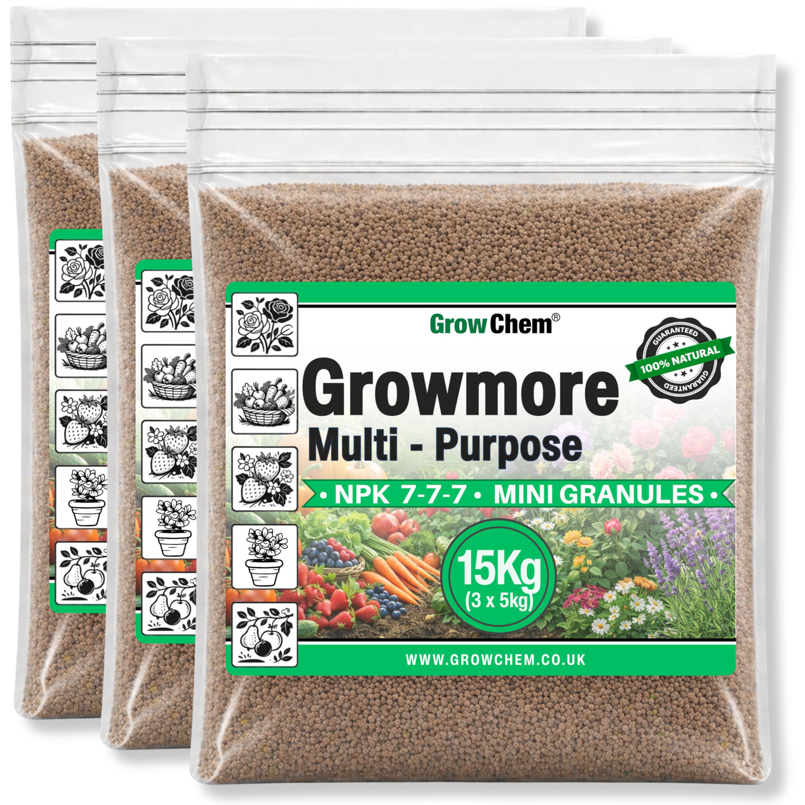 Grow Chem Growmore Fertiliser - 15KG (3x5KG Bags) – Multi-Purpose Plant Food Granules - NPK 7-7-7 Nourishes Plants with Essential Nutrients – Suitable for All Plant Types - Garden Fertiliser