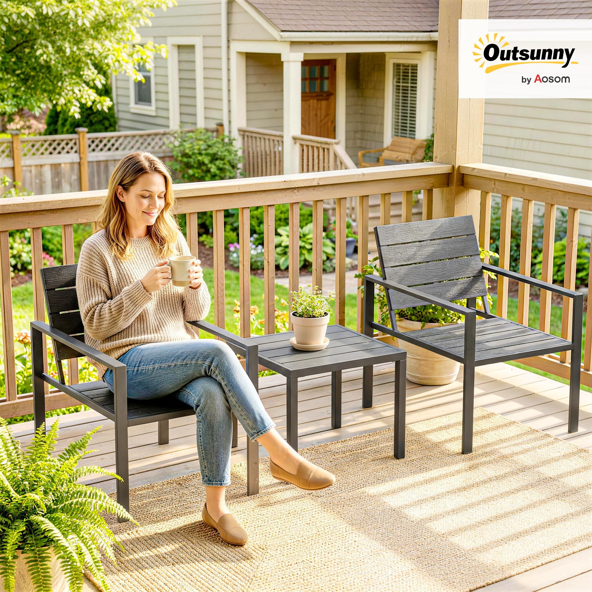 Outsunny Set da Bistrò 3 Pezzi, Set da Giardino in Metallo con Sedie HDPE e Tavolo, Grigio Scuro