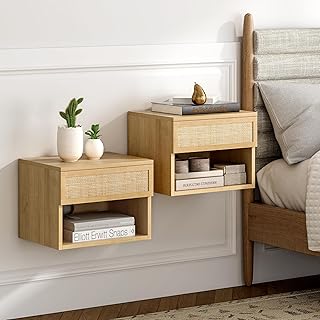 Rattan Floating Nightstands with Drawer Set of 2, Small Wall Mounted Night Stand with Open Compartment Modern Wooden Bedside Table Storage Cabinet for Bedroom, Entryway Natural Oak