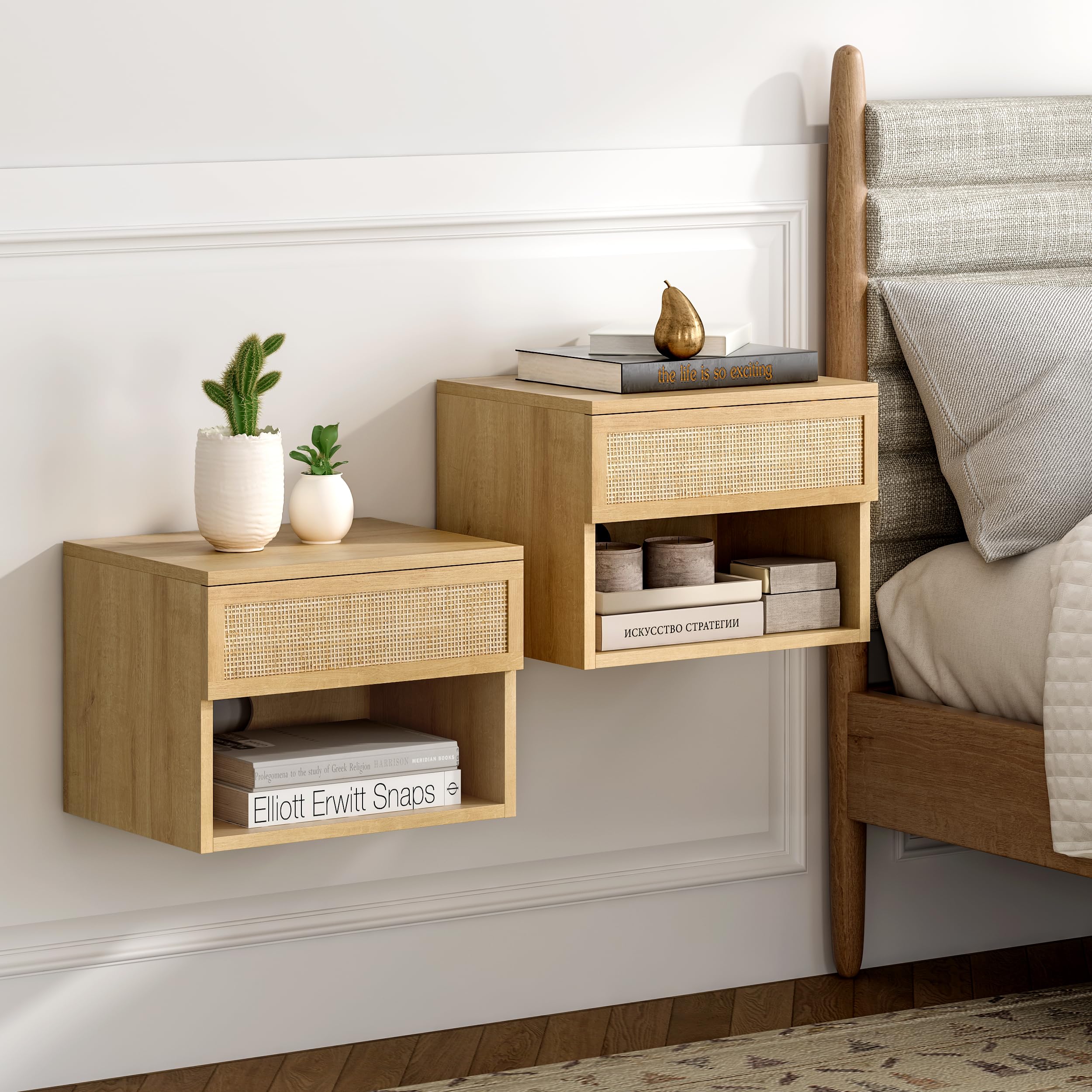 EYYTHUNG Rattan Floating Nightstands with Drawer Set of 2, Small Wall Mounted Night Stand with Open Compartment Modern Wooden Bedside Table Storage