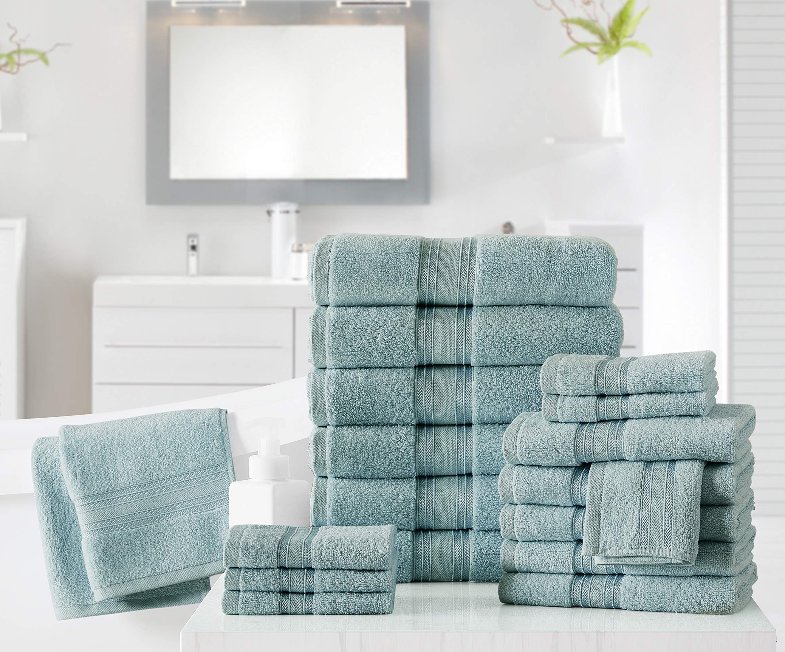 Spirit Linen Home 18pc Cotton Bath Towels Set Super Soft Zero Twist Quick Dry Water Absorbent Home and Gym Towel 6 Wash Cloth 6 Hand Towels 6 Bath Towel (Surf Spray)