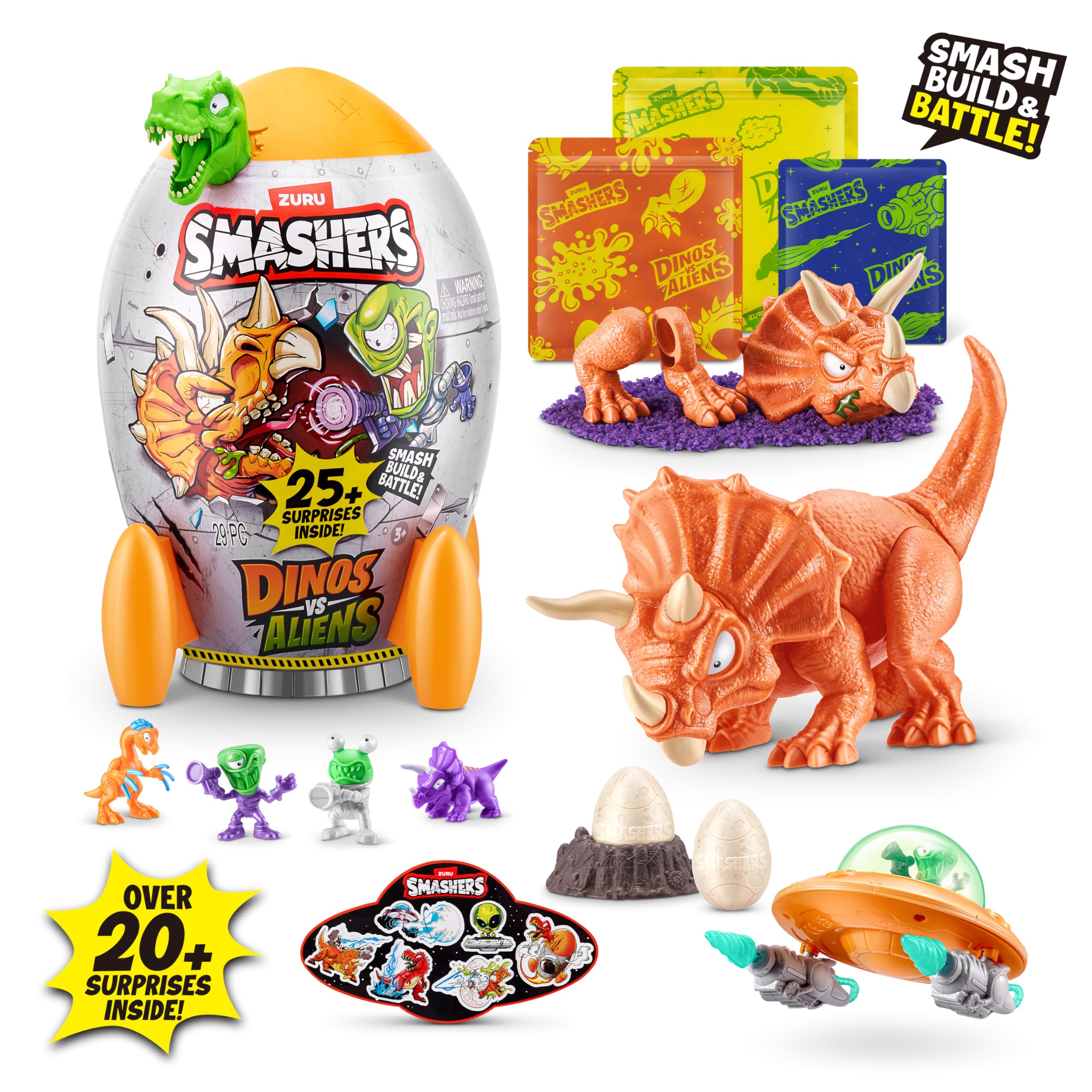 Smashers Dino vs Aliens Medium de ZURU, Huevo de Juguete aplastable para niños (Triceratops)