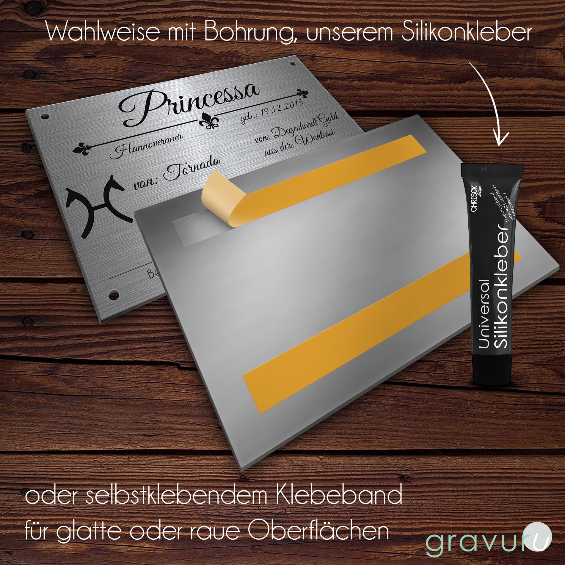 CHRISCK design Pferdeschild aus Premium Edelstahl mit Gravur | Namensschild Boxenschild Stallschild wahlweise mit Bohrlöcher 30x20 cm mit Brandzeichen und Motiven Ideal für den Stall Pferdebox… (D5)