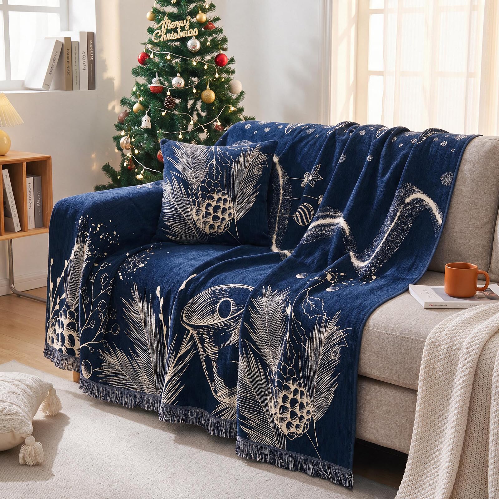 LiveGo Cozy Christmas Plush Sofa Cover 2-4 Seater, Festive Grey Couch Protector with Non-Slip Rubber Backing, Ultra-Soft Fleece for Winter, Washable & Pet-Friendly Furniture Guard