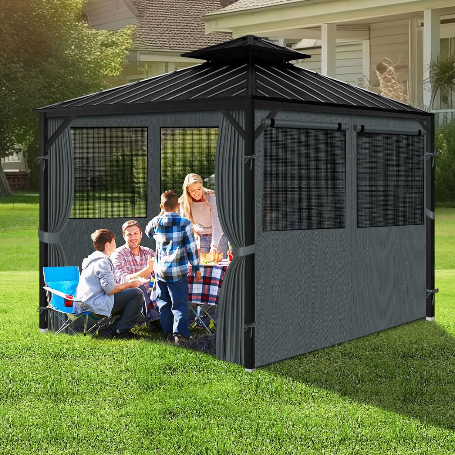 Gazebo Privacy Curtain 10'x12', Replacement Curtains with Mosquito Net Windows, 4-Panels Side Wall, Zippers, Waterproof Outdoor Curtains for Patio, Canopy, Garden and Backyard, Gray (Curtain Only)