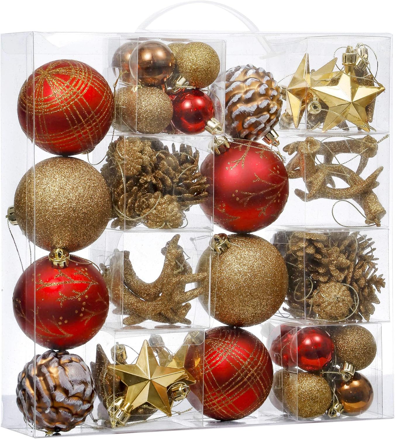 Valery Madelyn Christmas Ornaments Set, 70ct Red and Brown Shatterproof Christmas Tree Decorations, Woodland Hanging Ball Ornaments Bulk for Xmas Holiday Decor