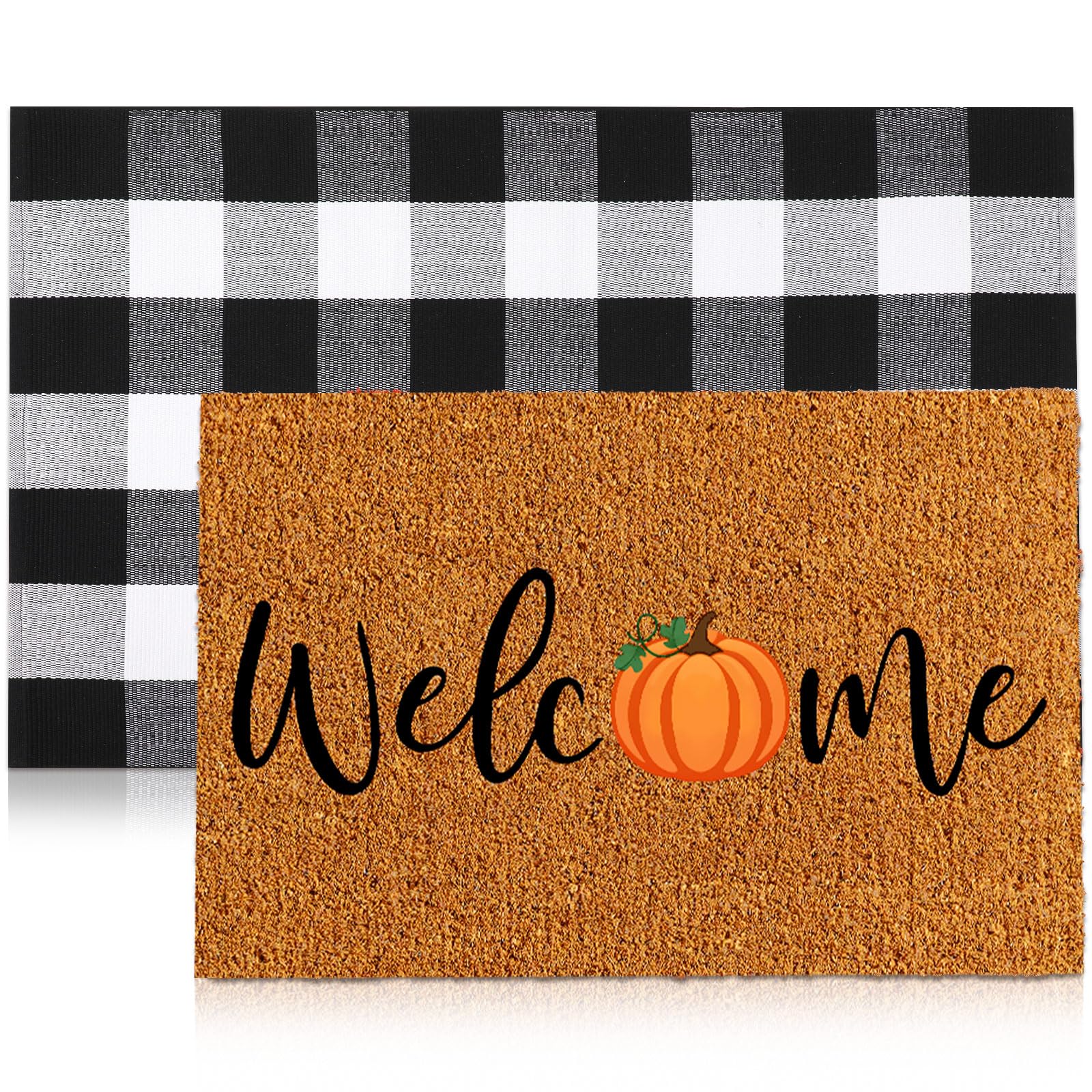 2 Pcs Thanksgiving Coir Doormat Outdoor Thanksgiving Pumpkin Welcome Outdoor Rugs for Layered Buffalo Black White Plaid Mats for Autumn Fall Front