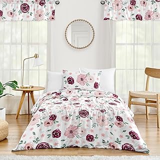 Sweet Jojo Designs Burgundy Watercolor Floral Girl Twin Bedding Comforter Set Kids Childrens Size - 4 Pieces - Blush Pink, Maroon, Wine, Rose, Green and White Shabby Chic Flower Farmhouse
