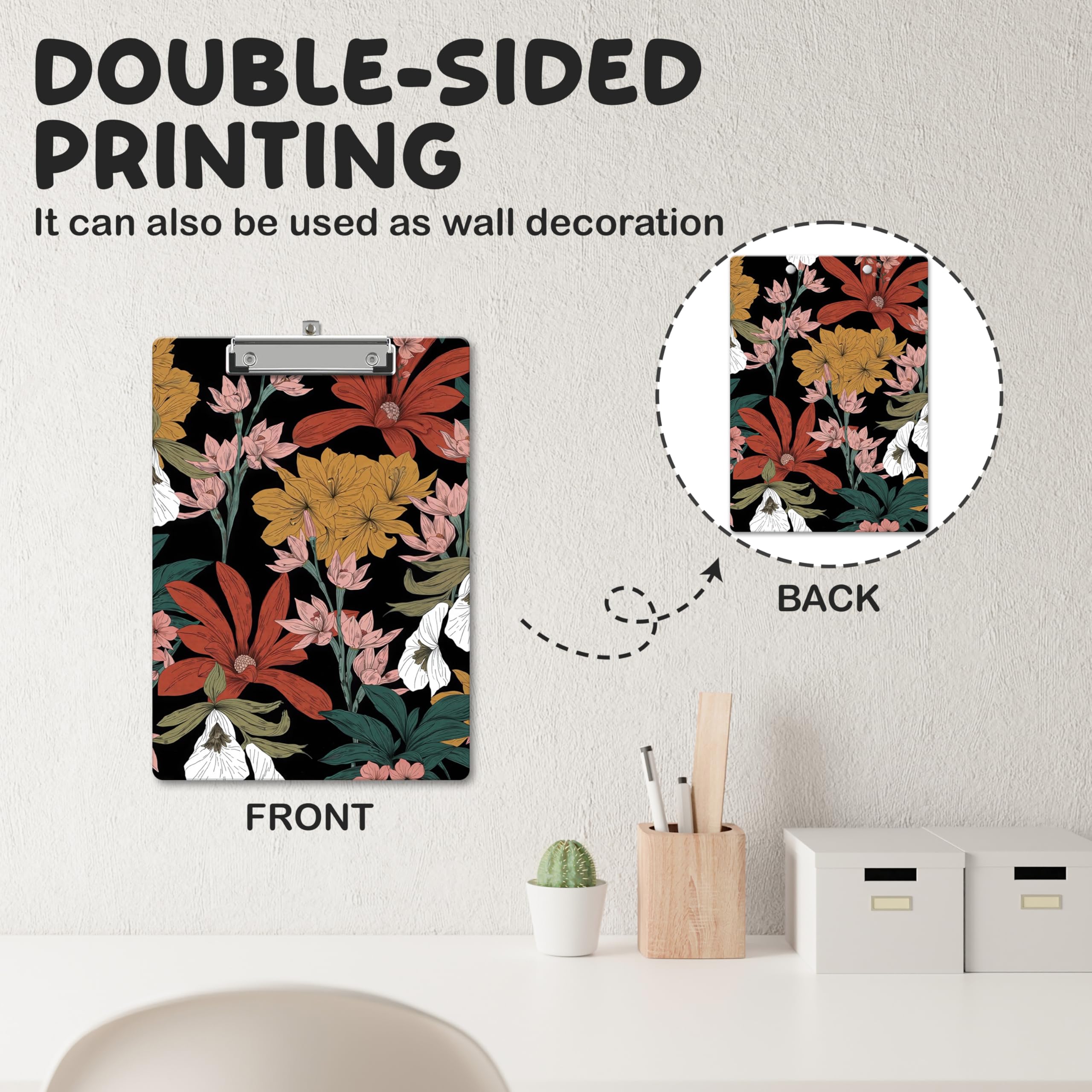 Portapapeles bohemio floral con clip de perfil bajo para uso escolar en la oficina, tableros de madera para enfermeras, profesores, estudiantes, A01