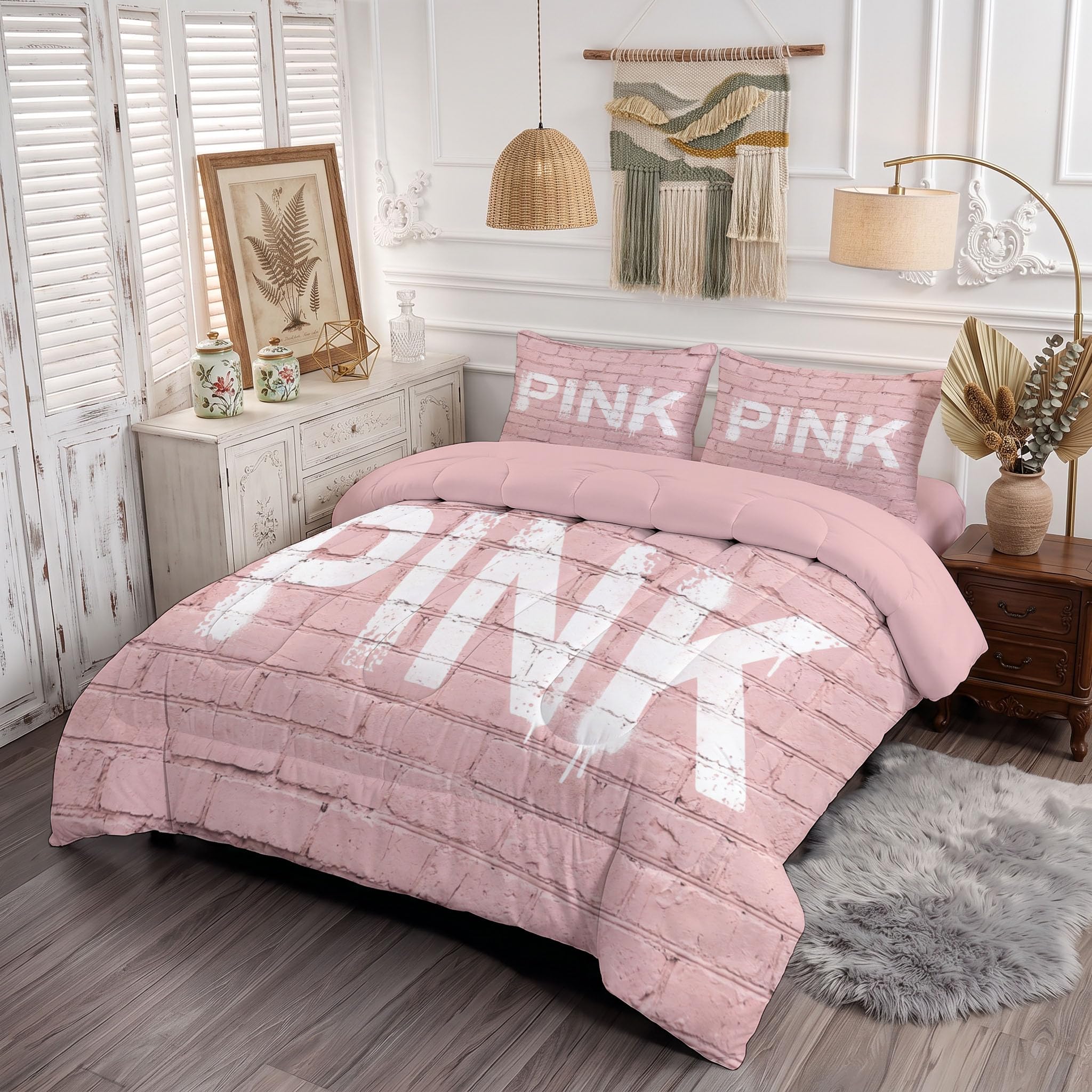 Trapunta Graffiti Di Tendenza Con Lettere, Piumino Singolo 4 Stagioni | 140X200 Cm Con Federa 50X80, Piumone Leggero In Microfibra, Trapunta Reversibile Texture Di Mattoni Stradali, Rosa