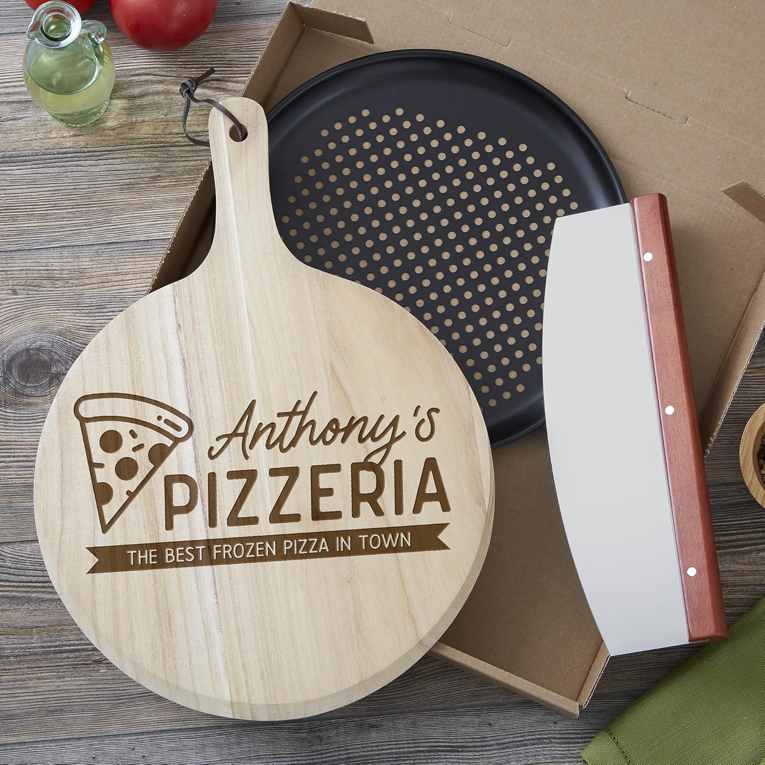 Personalization Universe Pizzeria Personalized 3 Piece Wood Pizza Peel Gift Set
