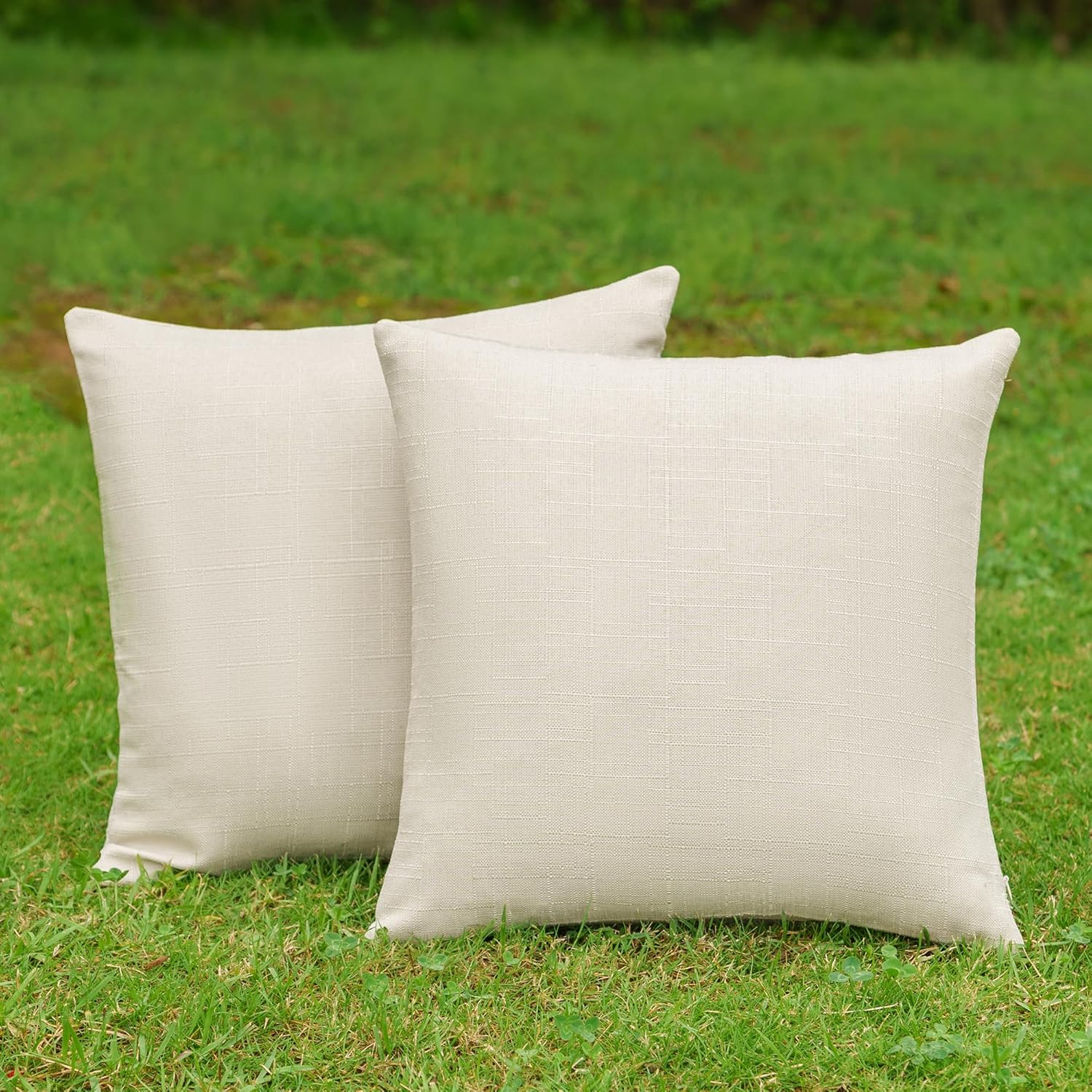 NiNi ALL Pack of 2 Decorative Outdoor Waterproof Pillow Covers Square Linen Textured Garden Cushion Sham Throw Pillowcase Set of 2 for Patio Farmhouse Garden Tent Couch 18x18 Inch Beige - Image 4