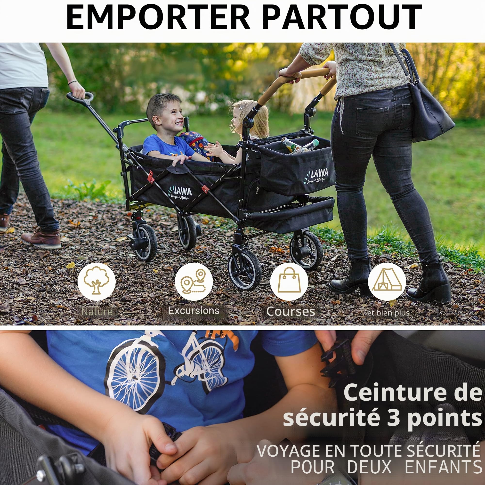 Chariot de Transport Pliable pour Enfants avec Toit, Protection Pluie & Insectes, Freins Avant/arrière, Suspension, Charge 80 kg, Noir/Bleu