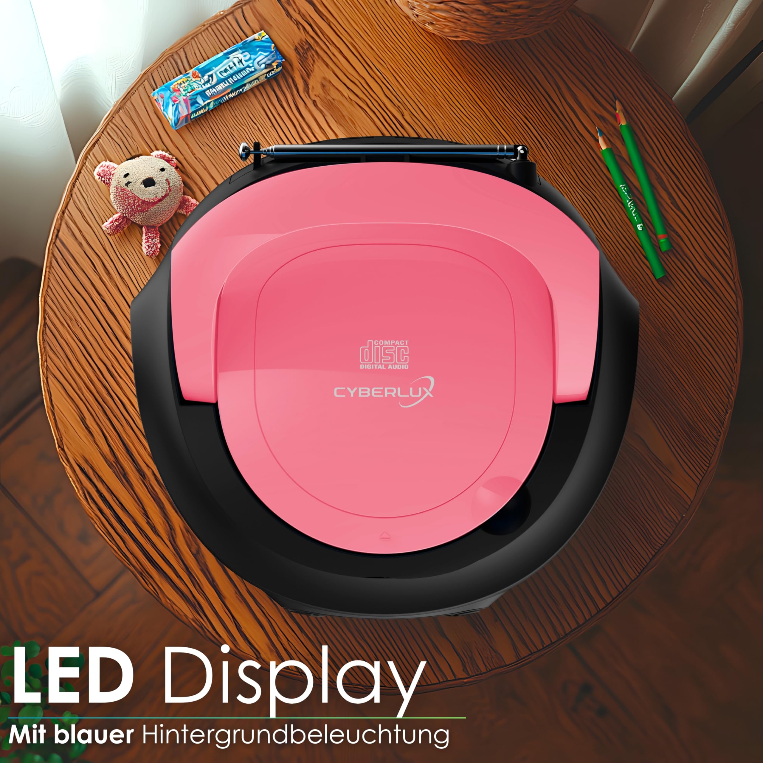 Boombox Lettore Portatile Radio FM con CD, USB e Ingresso AUX-IN, Presa per Cuffie - Sistema Stereo Compatto - Rosa Brillante (Pretty Pink)