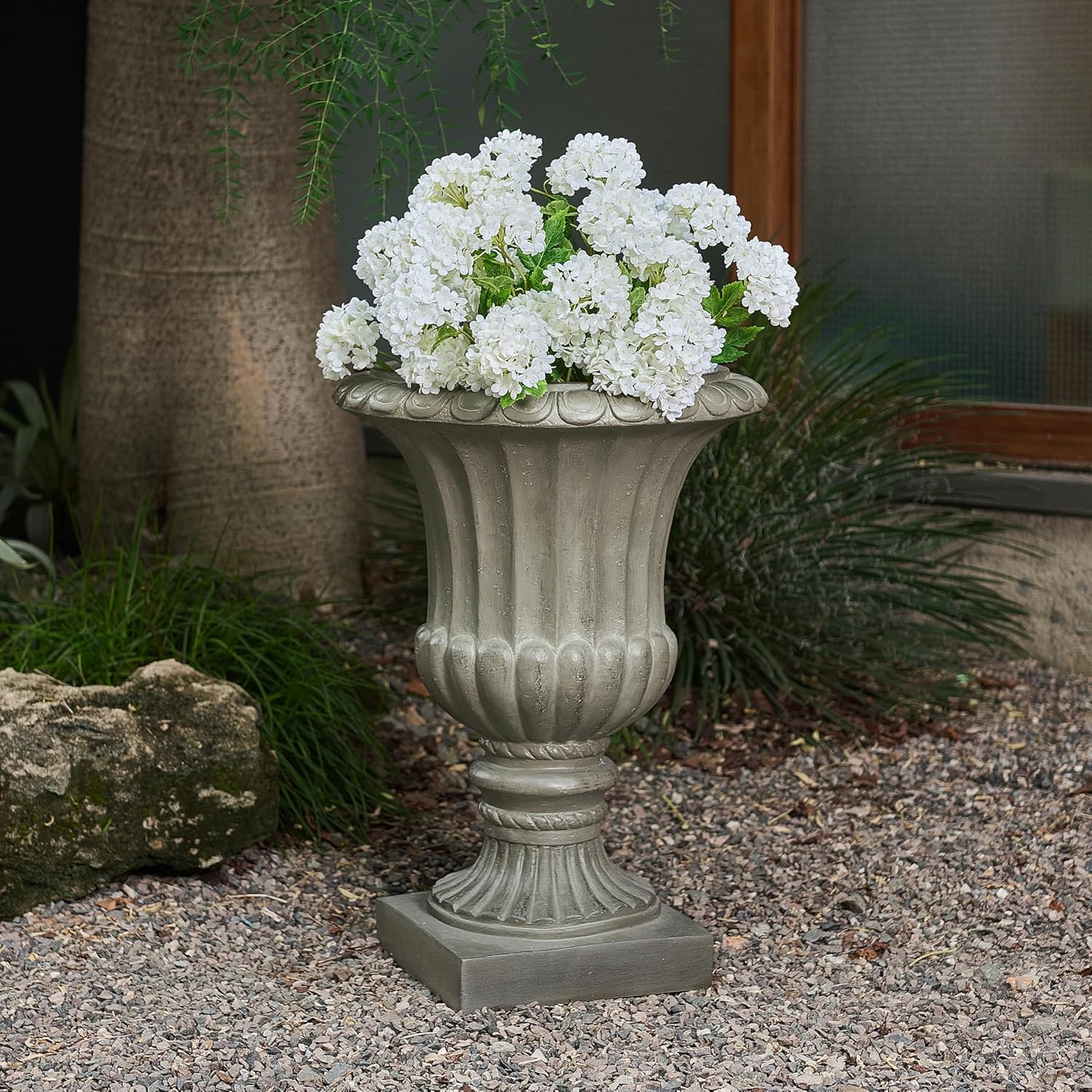 GDFStudio Gray 26" Urn Planter – Handcrafted MGO Decorative Planter for Indoor Outdoor Use – Classic Garden Patio Living Room Flower Pot, 18.75"x18.75"x26.25", Sturdy, No Assembly Required