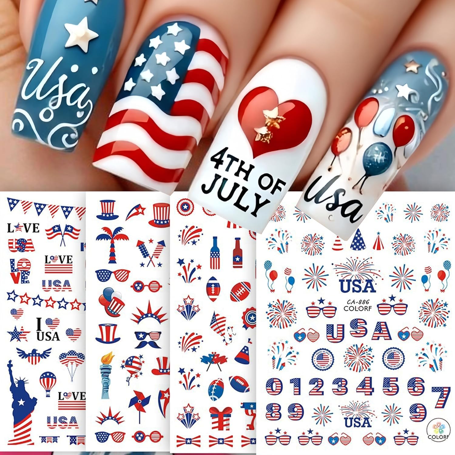 10Pcs 4th of July Nail Stickers 3D Self Adhesive Independence Day Nail Art Stickers American Flags Fireworks Nail Decals Letters Stars Baseball Balloon USA Fourth of July Nails Design for Women DIY