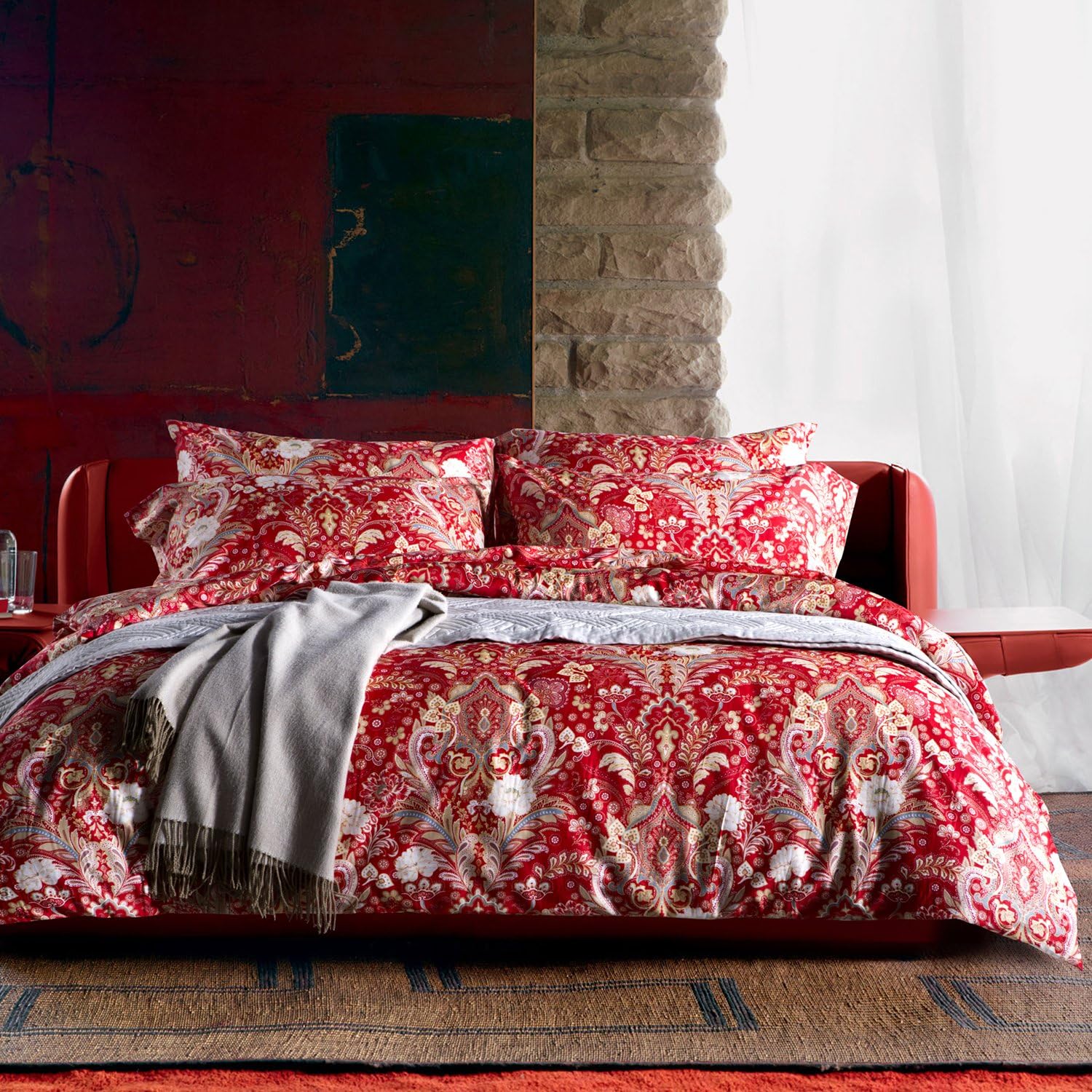 UFO Home 400 Thread Count 100% High-end Cotton Sateen Printing Paisley Flowers Leaves 4pc Duvet Cover Set Red Full/Queen Size (Diana, Queen)