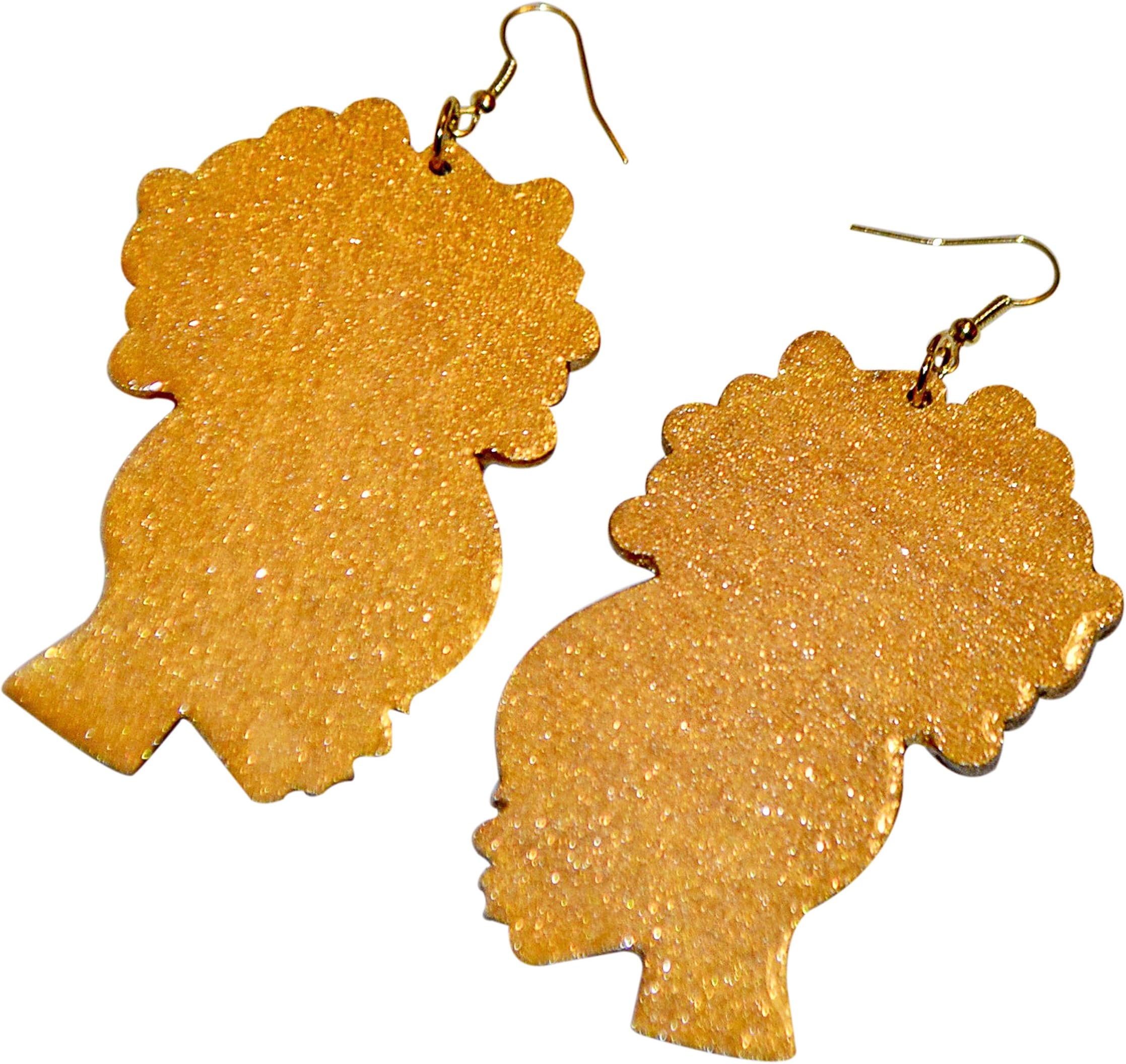 African American Afro Puff Dangle Ethnic Earrings. For Women And Girls. Gold Resin Wood Drop Jewelry. 3 Inches