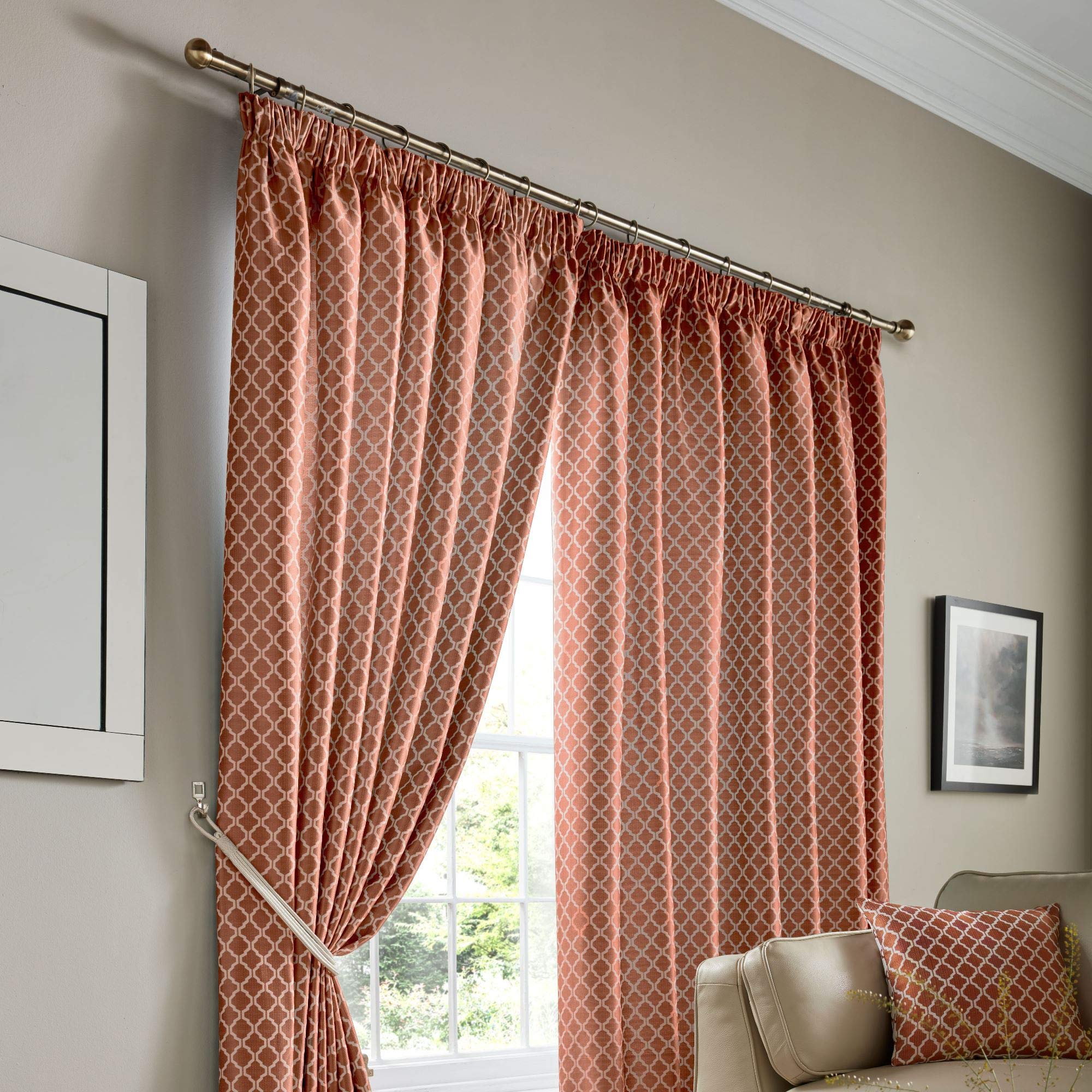 Alan Symonds Cotswold Fully Lined Jacquard Pencil Pleat Taped Top Curtains - Pair (Orange/Terracotta, 46" x 90" (117x229cm))