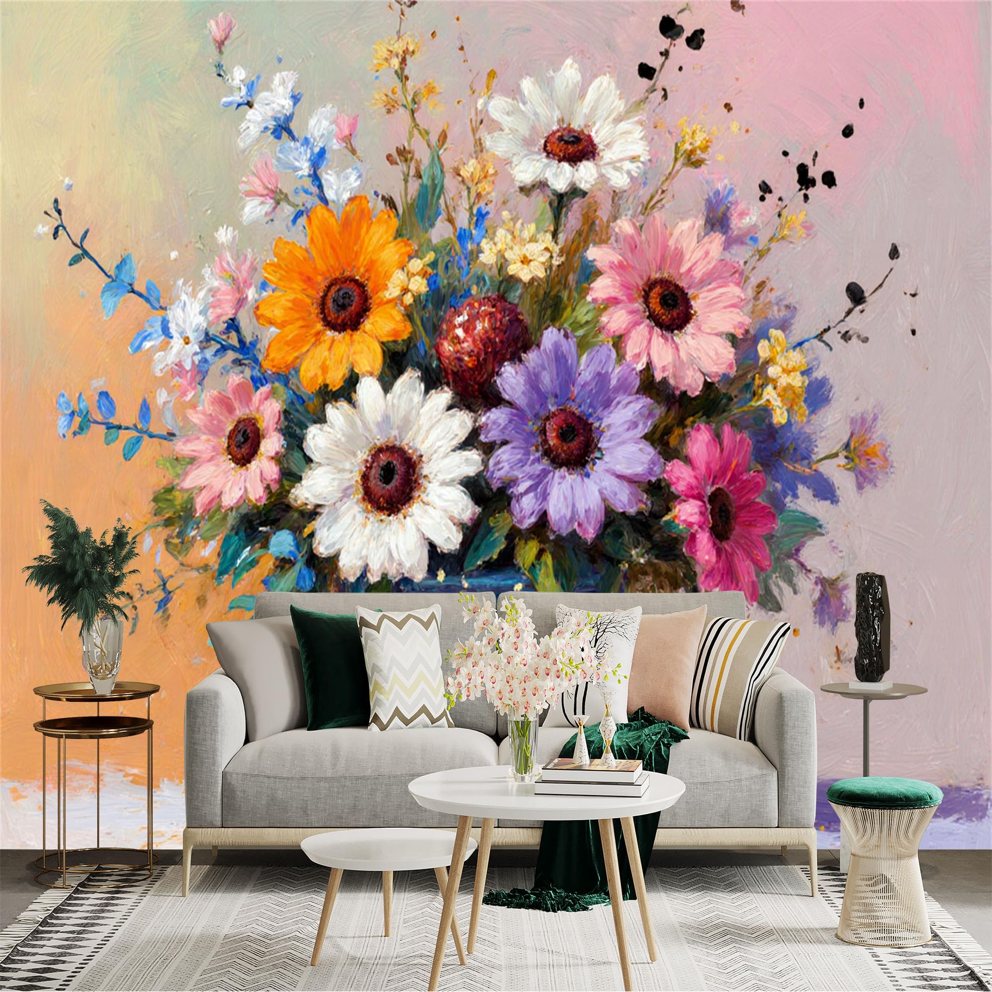 Custom Size Wall Sticker Mural， Colorful Oil Painting Style Bouquet， Vibrant Wildflowers in Blue Vase， Artistic Floral Arrangement， for wall Decoration， peelandstick wall Decals.