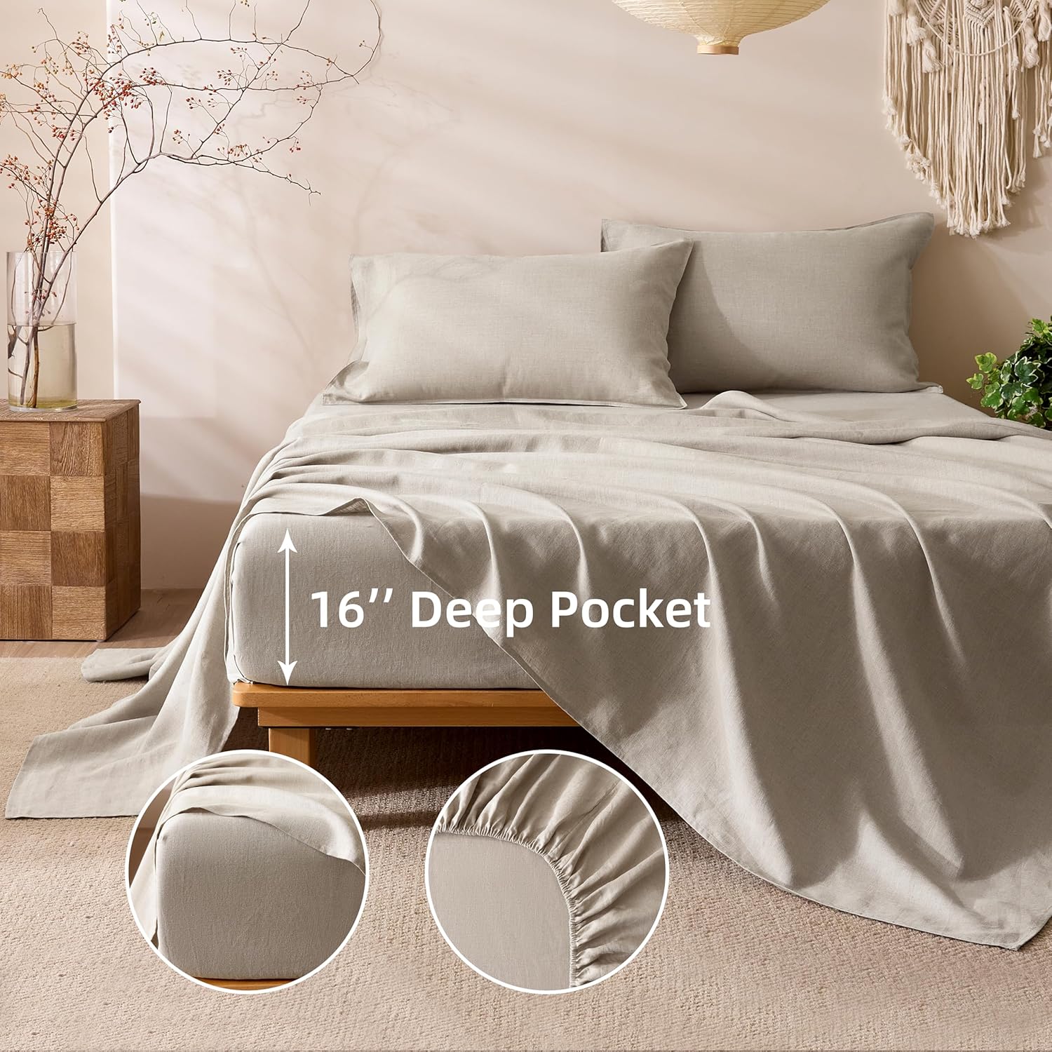 CHUFFED 100% French Pure Linen Sheets Set California King Size 4-Piece, Oeko-Tex Certified 180 GSM Stone Washed Bedding for Hot Sleepers, Soft & Breathable with 16" Deep Pocket -Natural Linen