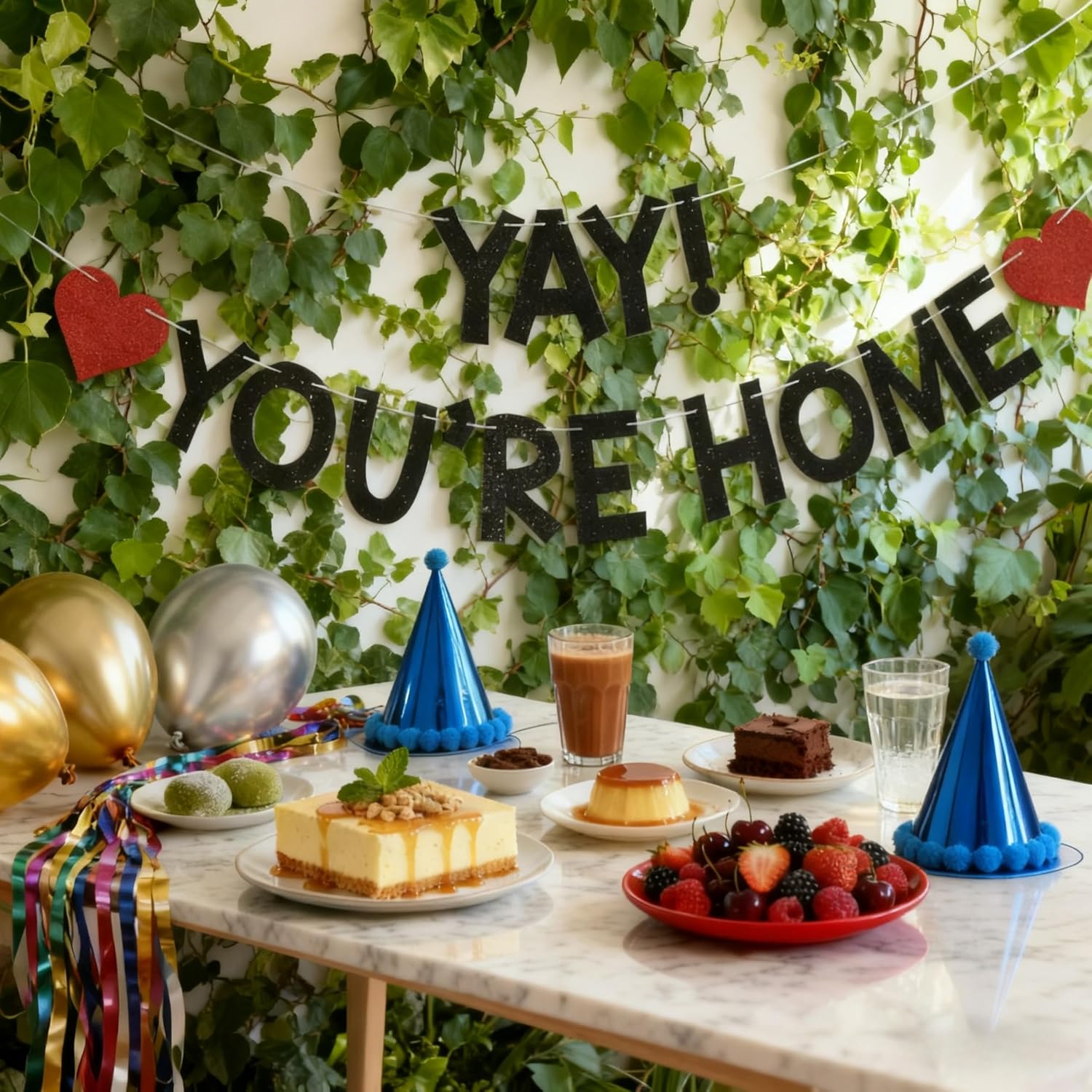Yay!You're Home Banner, Celebration Welcome Back to Home Sign Family Reunion Party Decor New Home Celebration Party Decorations, Black Glitter image 5