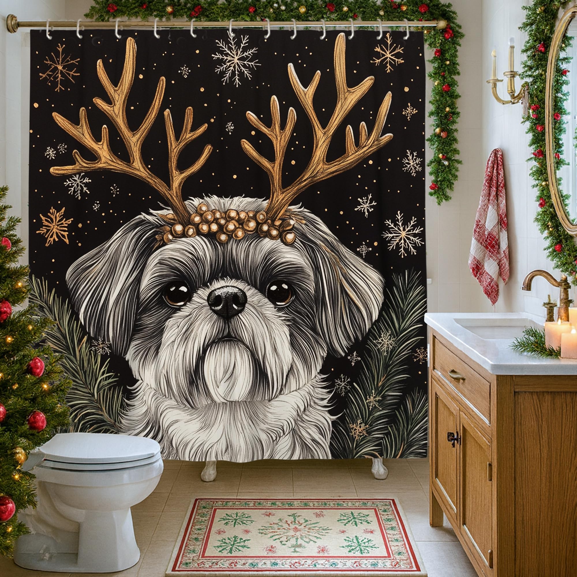 Rideau de douche de Noël Shih Tzu : cadeau idéal déco salle de bain