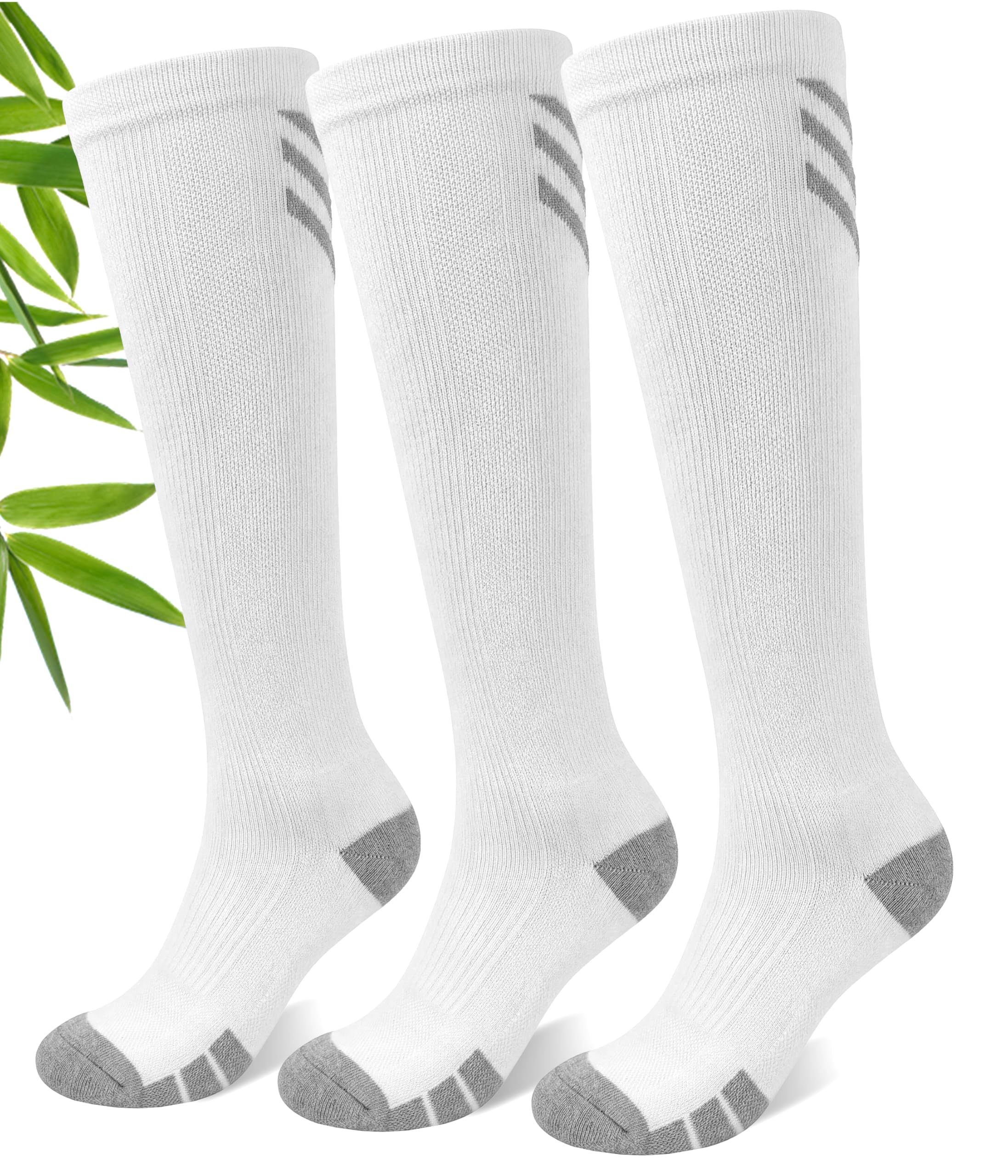 JODUCE Viscose from Bamboo Compression Socks for Women & Men, 3 Pairs 15-20 mmHg Graduated Knee High Support Socks for Nurses, Expecting Moms, Office & Travel (White, S/M)