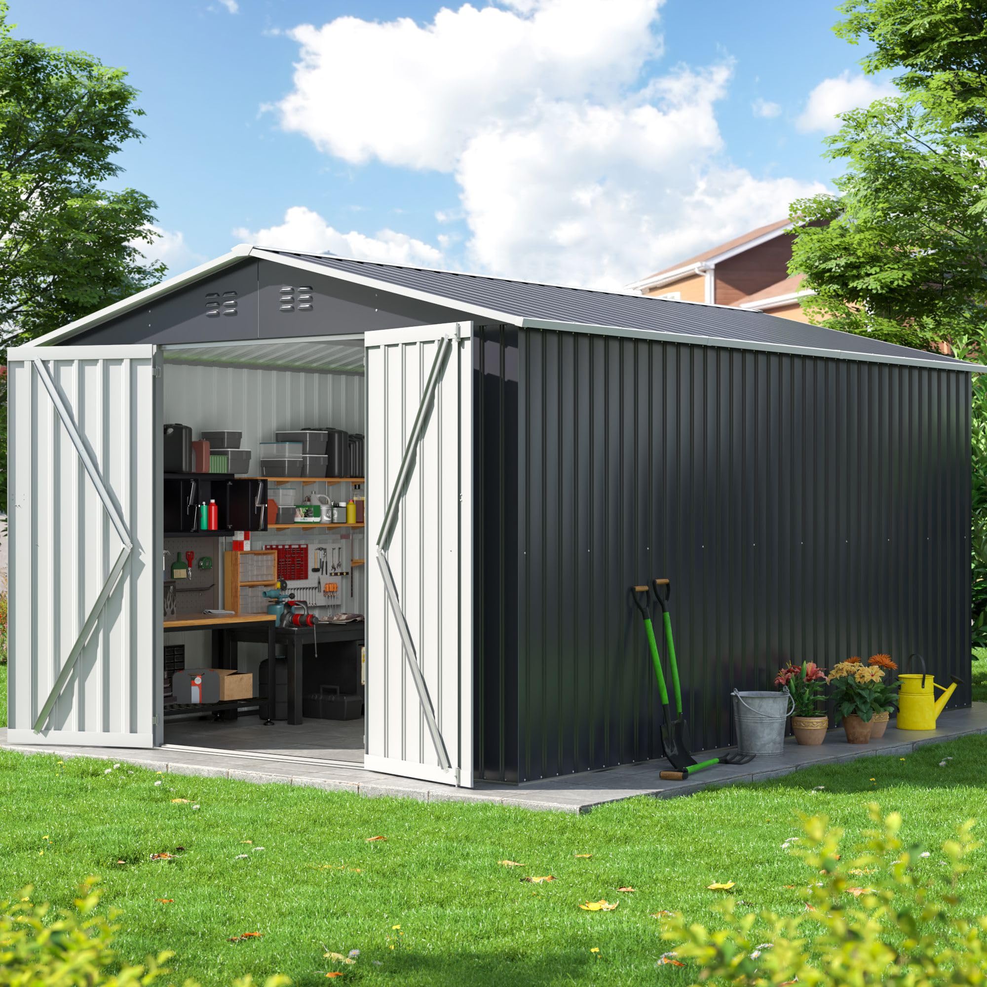 (incomplete box 1 ) 10x12 FT Outdoor Storage Shed, Metal Garden Tool Shed with Updated Frame Structure and Lockable Doors, Ideal for Backyard Garden Patio Lawn, Grey