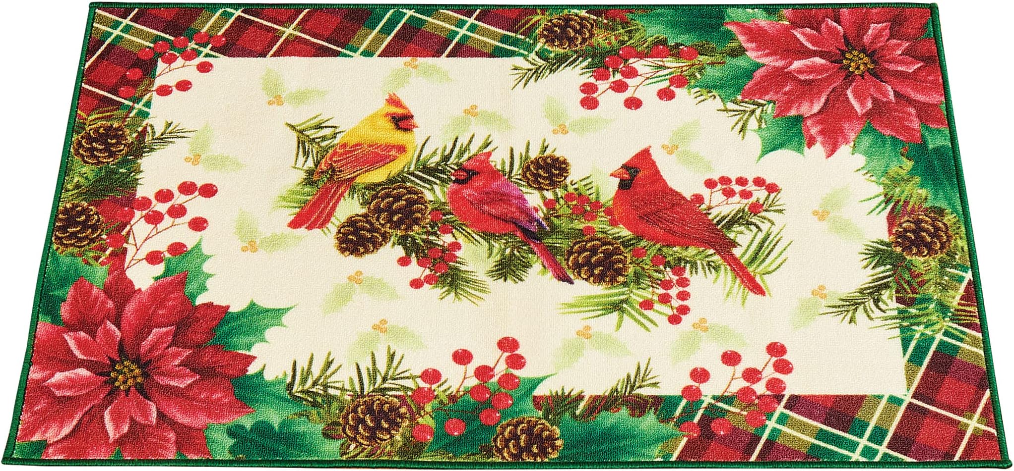 Collections Etc Holiday Cardinals and Holly Poinsettia Accent Rug
