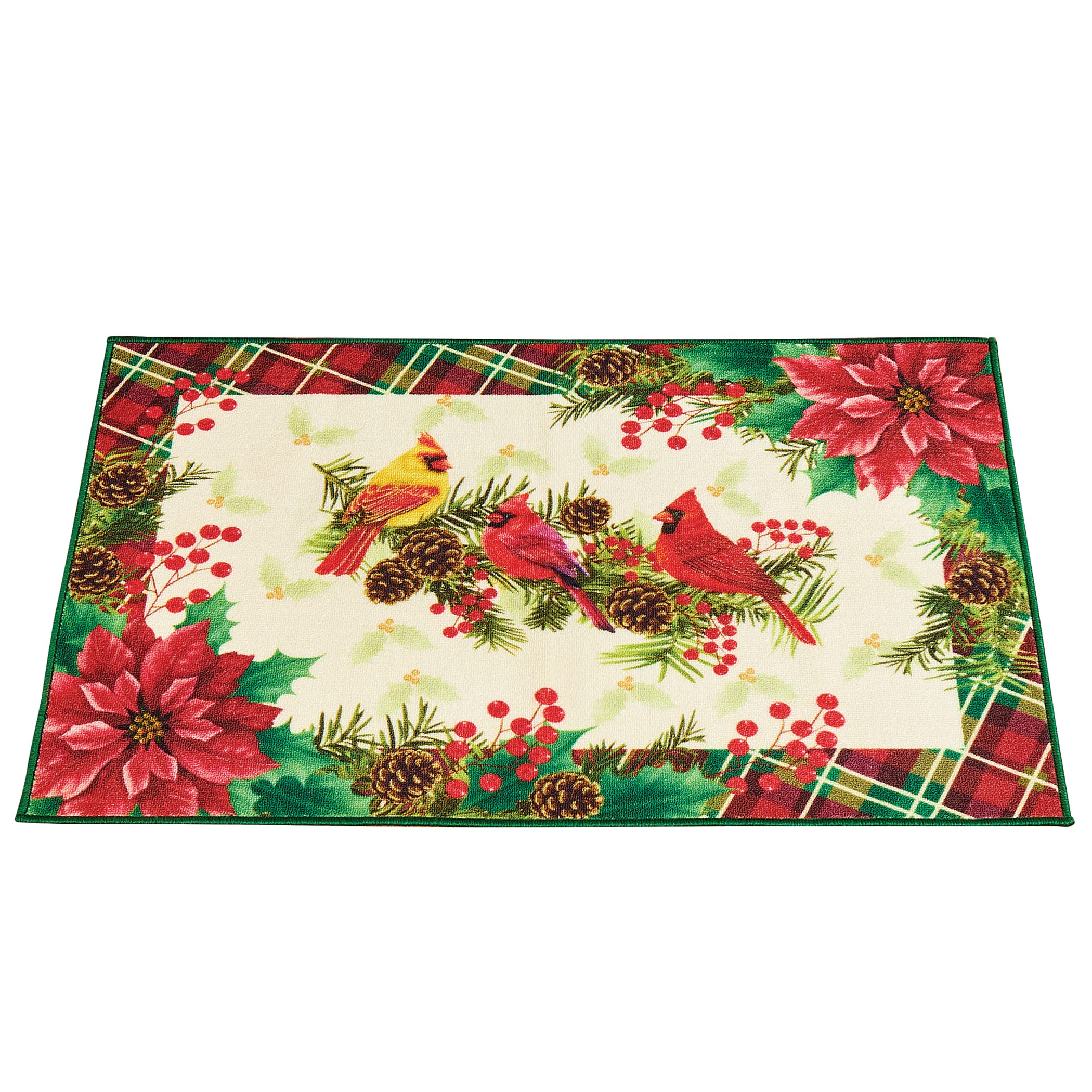 Collections Etc Holiday Cardinals and Holly Poinsettia Accent Rug